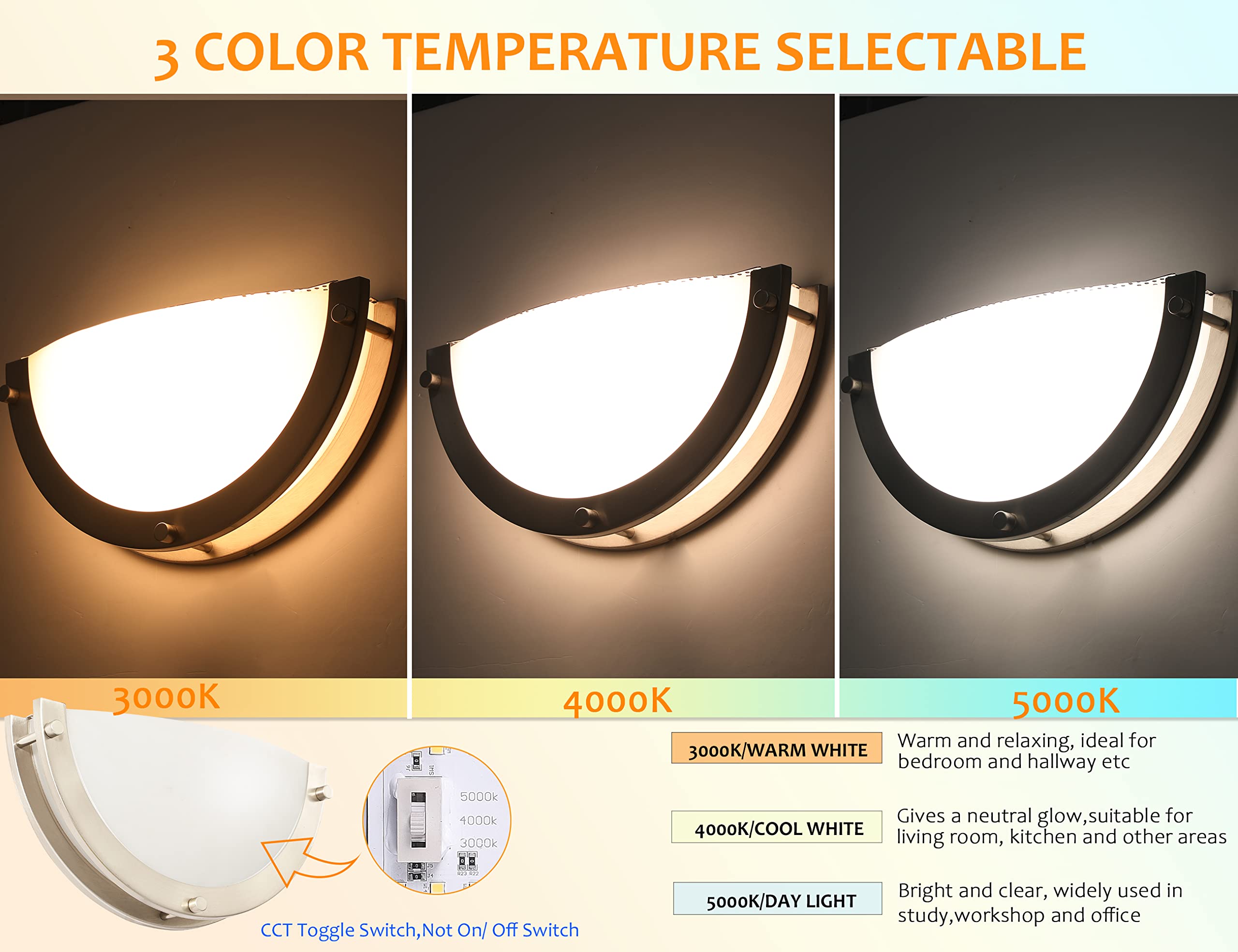 CLOUDY BAY 12-inch LED Wall Sconce, Dimmable Color Adjustable, Brushed Nickel, ETL Listed, Model HM121293CBN
