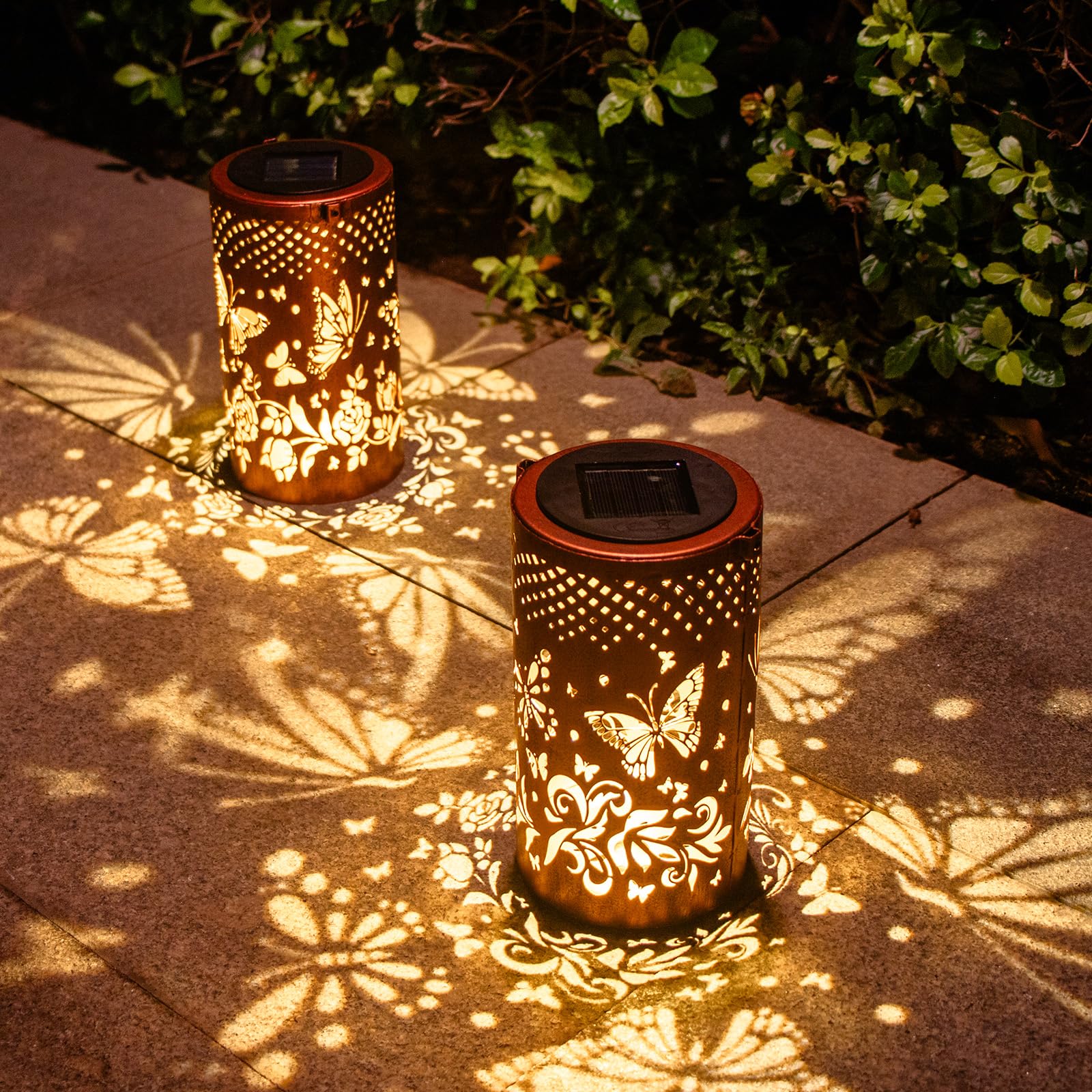 DIBIEECN 2 Pack Butterfly Solar Lanterns Outdoor, Waterproof Metal Decor, Bronze, Model DL-DOUBLE-02
