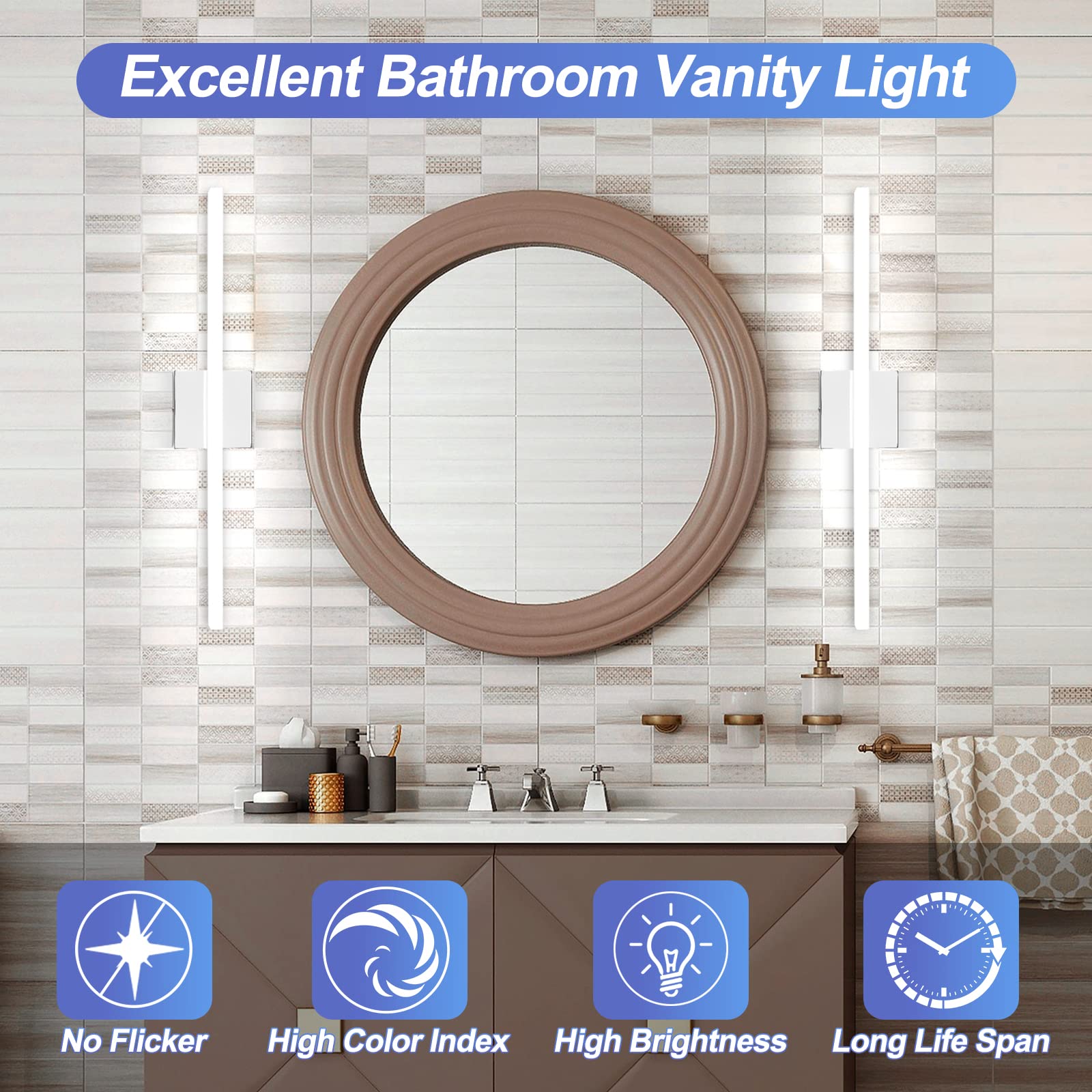 Combuh LED Vanity Lights Bar, 24 Inch, 14W, IP44, Cool White 6000K, SUS304 Stainless Steel, Modern Wall Sconces for Bathroom