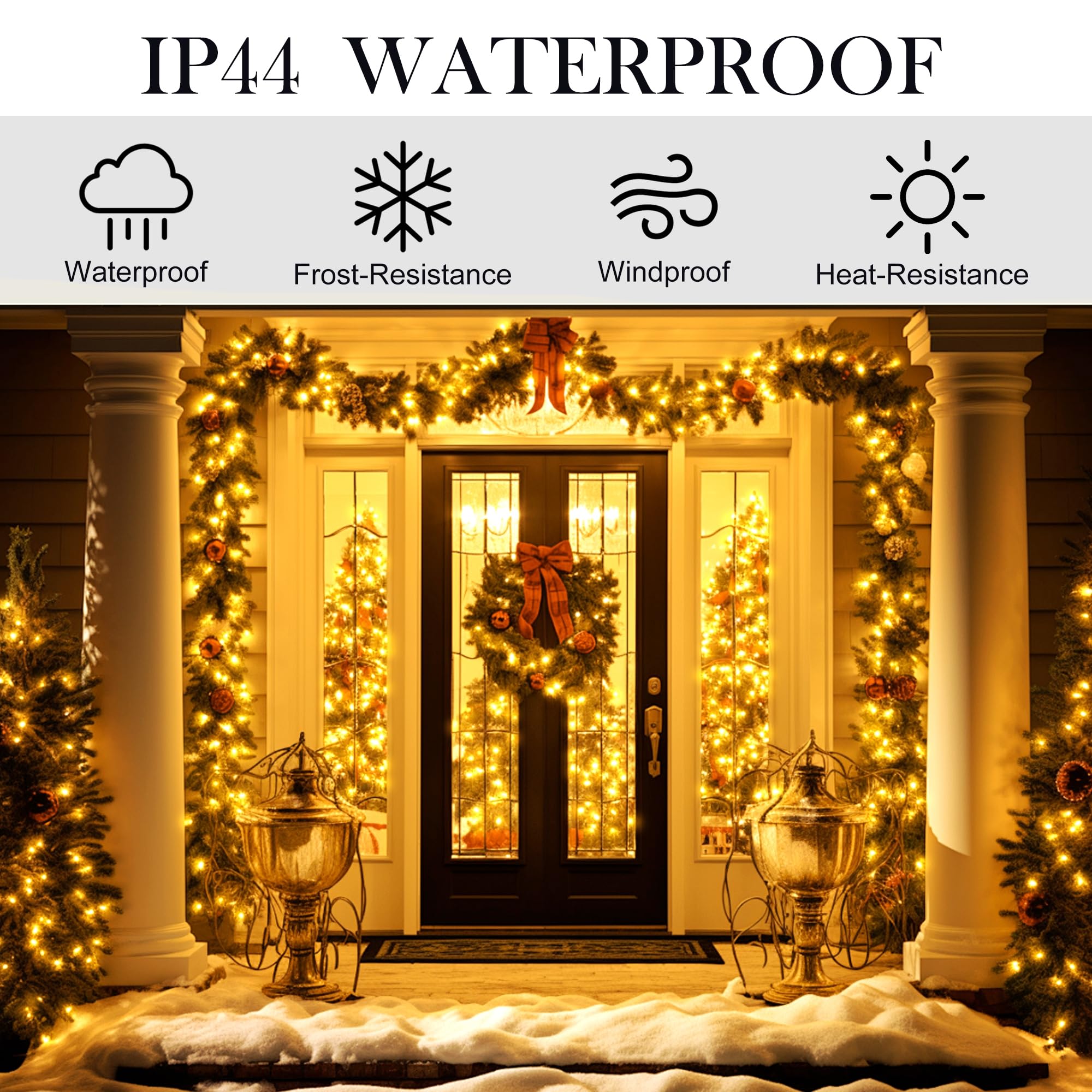 Weillsnow 328 FT 1000 LED Christmas String Lights, Waterproof, 8 Modes, Remote, Warm White, Model HB-1000COI