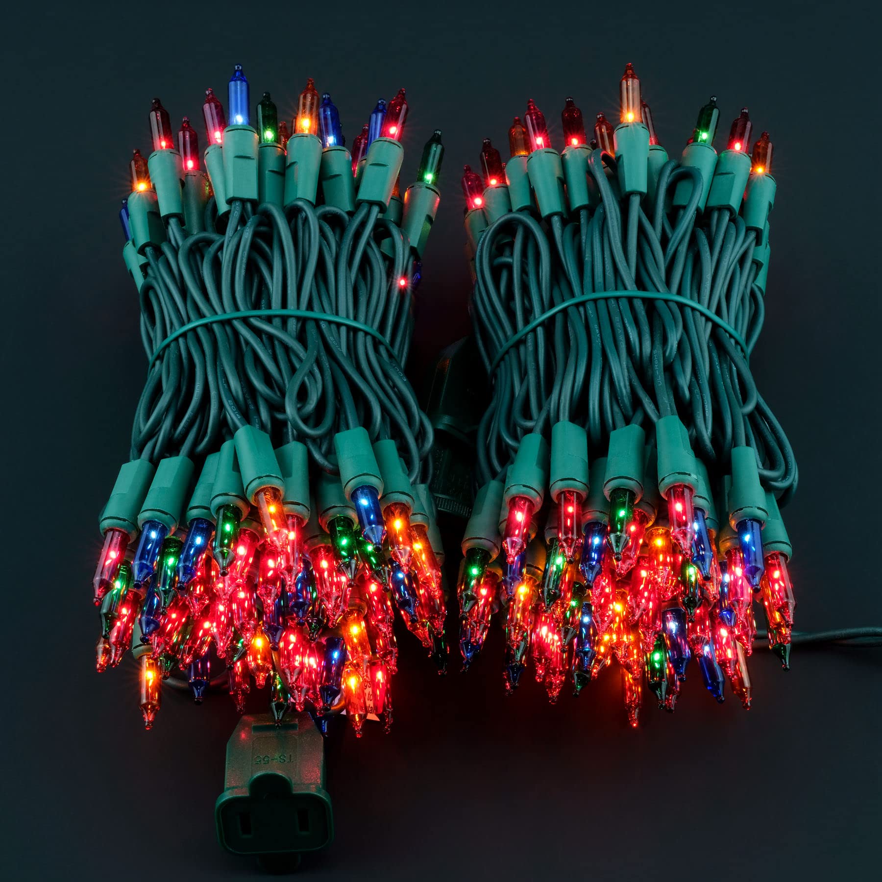 YULETIME 200 Multicolor Christmas Lights, 2 Strands 21 ft, 100 Count, UL Certified, Incandescent, Green Wire