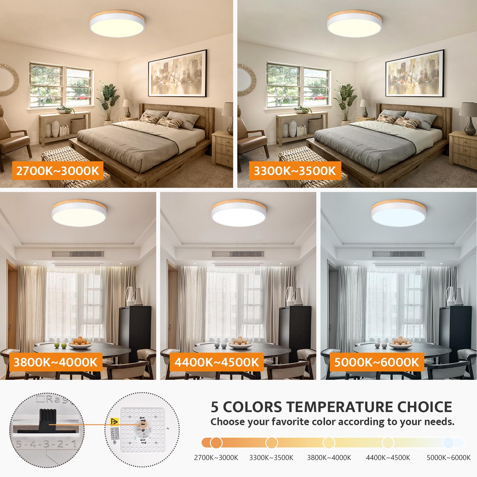 Yiisem Dimmable LED Flush Mount Ceiling Light, 5CCT 2700K-6000K, 15.8in, White, Model 2022052405