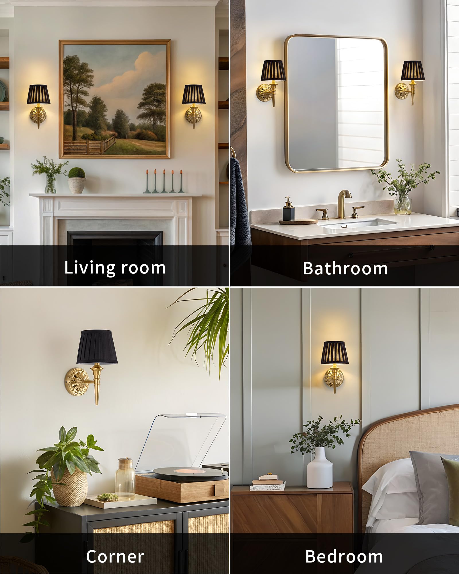 KDG Cordless Wall Sconces Set of 2, Fabric LED Battery Lamps, Black Shade, Portable Lighting for Living Room, Bedroom, Hallway