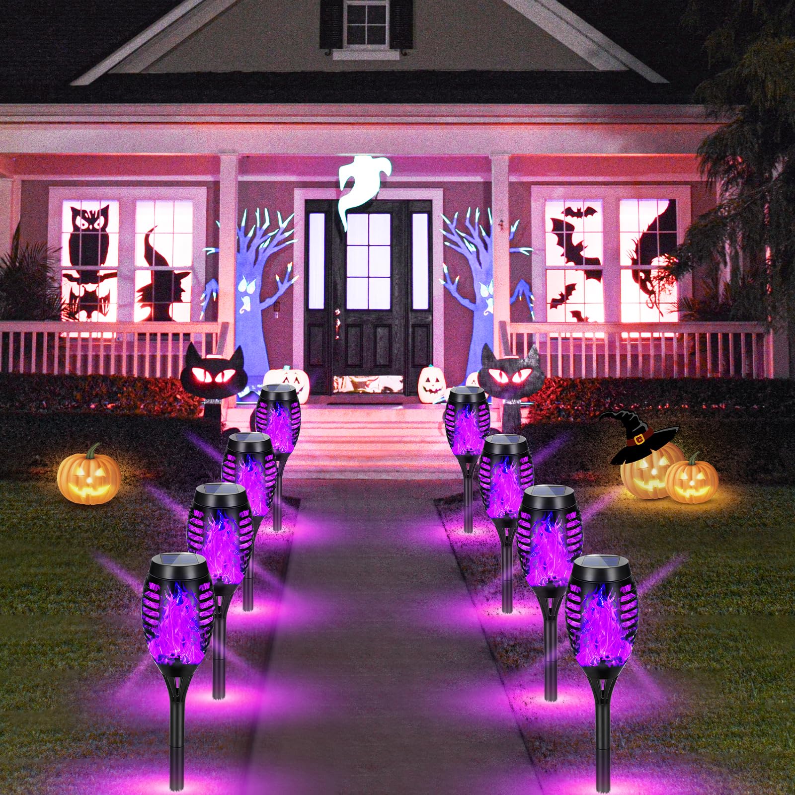 AOUNQ Solar Torch Lights Outdoor, 10 Pack Purple Flickering Flame, Waterproof Tiki Torches for Garden Decor, Model AO-USA 03-10P