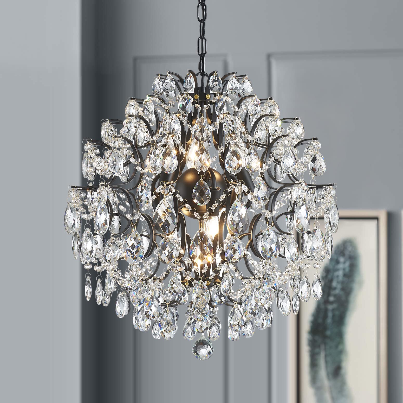 Bestier Modern Pendant Black Chandelier Crystal Raindrop Lighting Ceiling Light Fixture Lamp For Dining Room Bathroom Bedroom Li