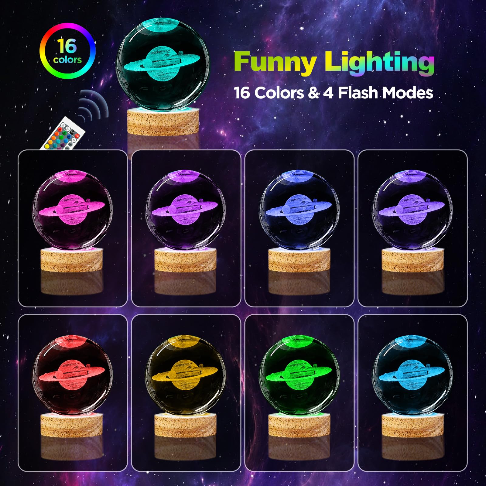 3D Saturn Crystal Ball Night Light 3.15 Inch Saturn Galaxy Planet Glass Ball Lamp With 16 Color Changing And Remote Saturn Bedro