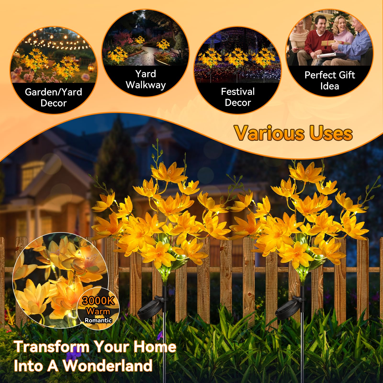Neporal Solar Flowers Outdoor Waterproof Ip65, 5-Head Snow Lotus With 20+ Flowers, Warm Led Light & 2 Lighting Modes, Decorative