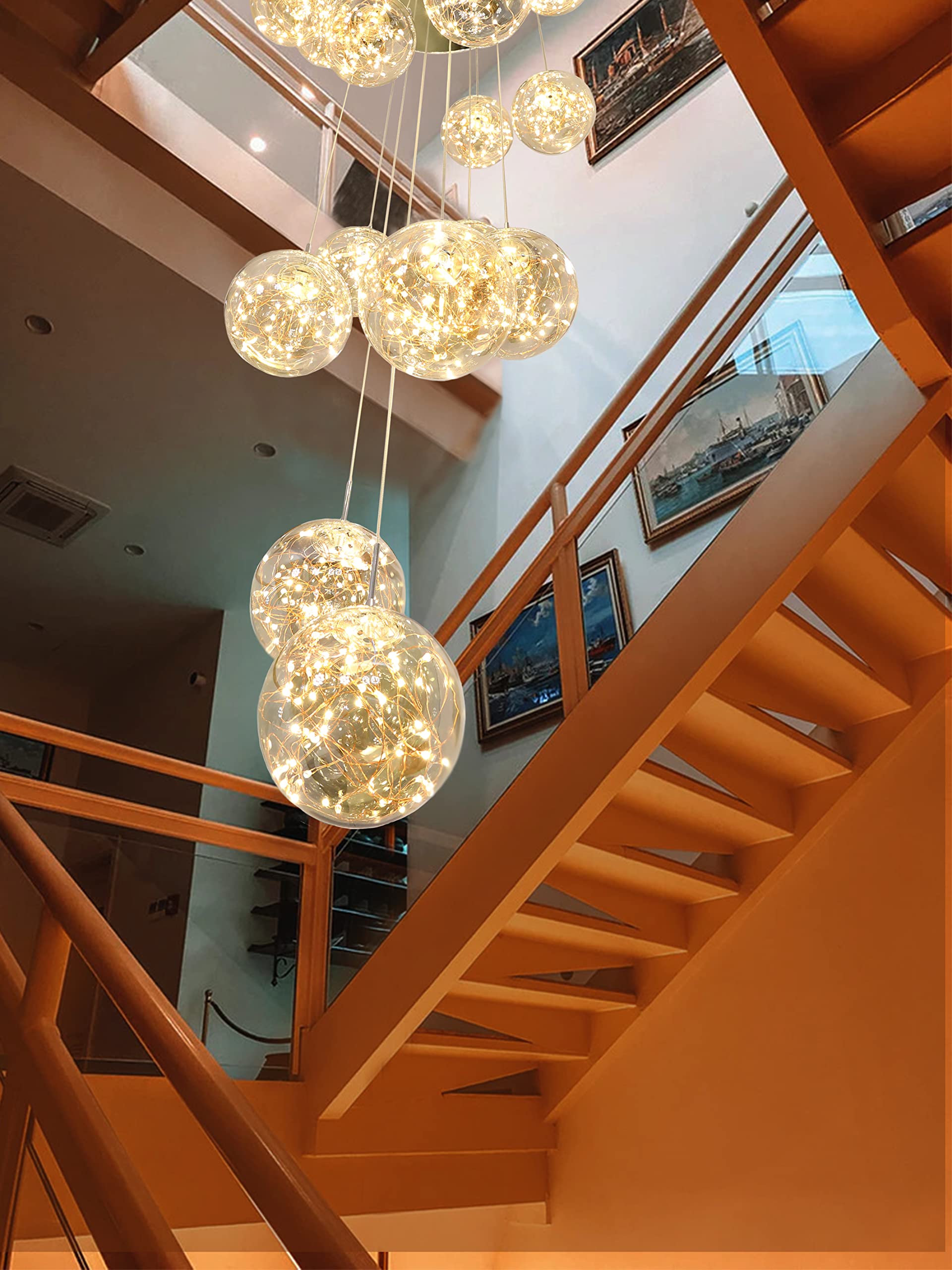 KAUCQI 15-Light LED Chandelier, Stainless Steel, Adjustable 23inW x 100inH, Yellow, Model SANQ-6, Modern Lighting for High Ceilings