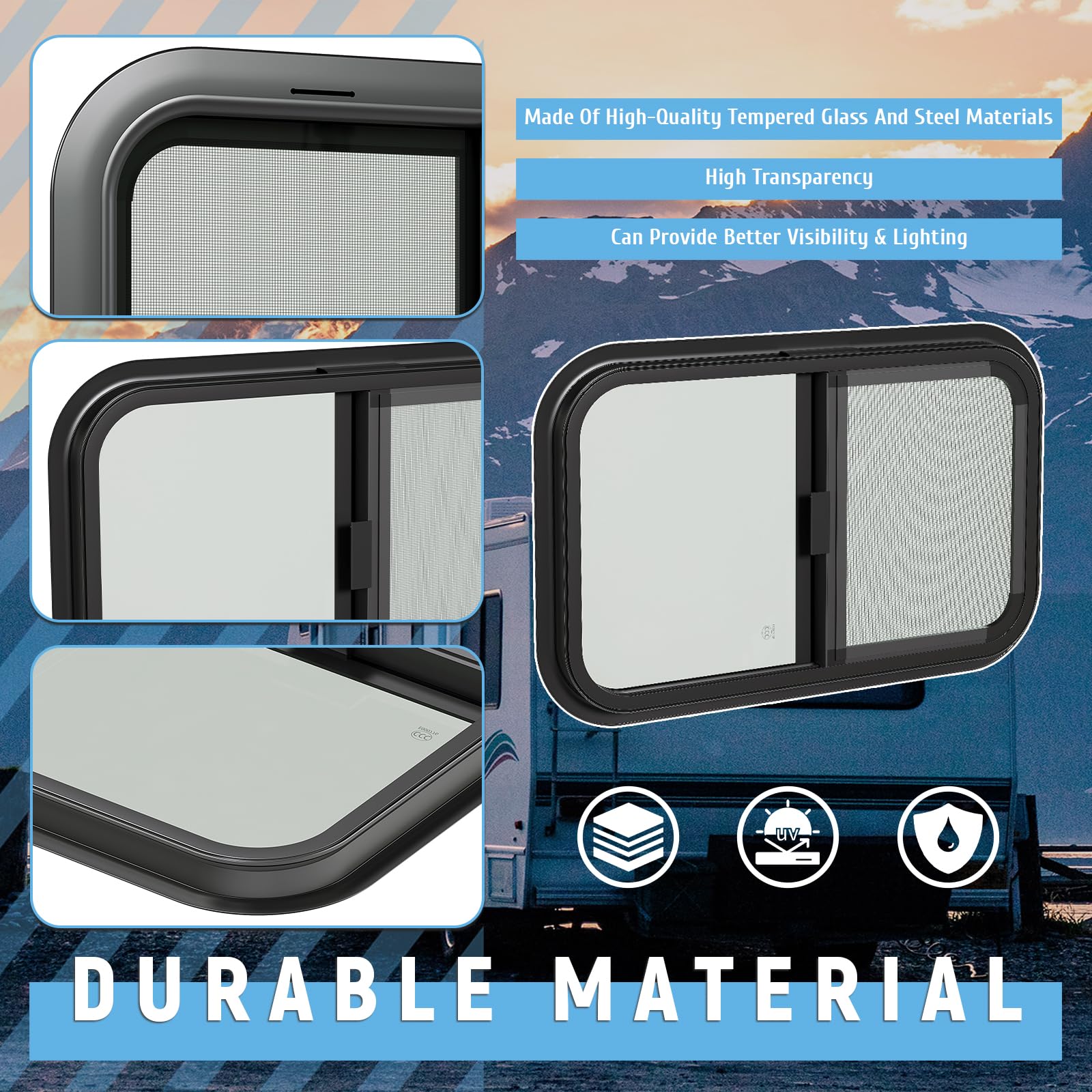 HECASA RV Window 24"x15" w/ Screen - Tempered Glass, Tinted, Black, Model MO-1725, Compatible with RV Camper Cargo Trailer