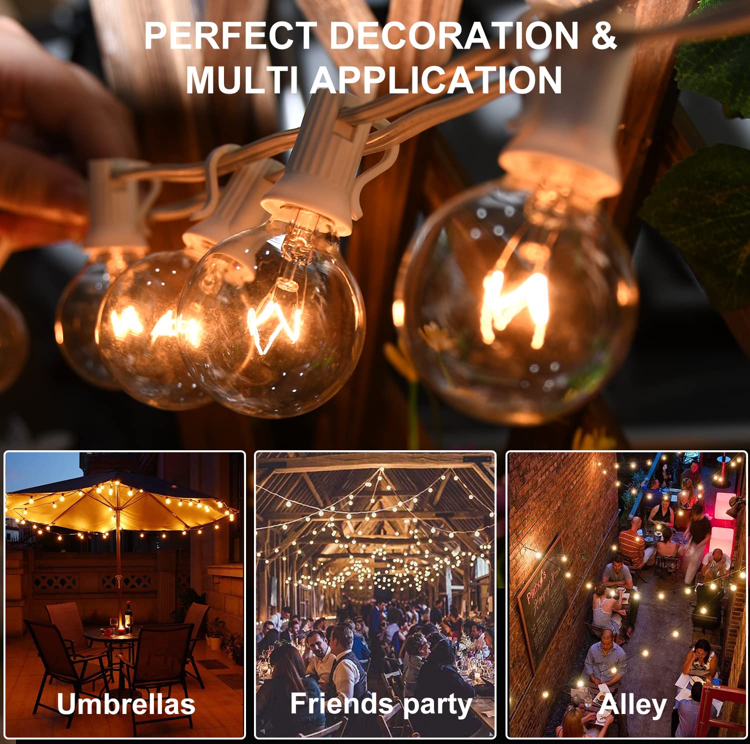 Abeja 50FT G40 Outdoor String Lights, 25 Clear Bulbs, E12 Base, UL Listed, White Wire