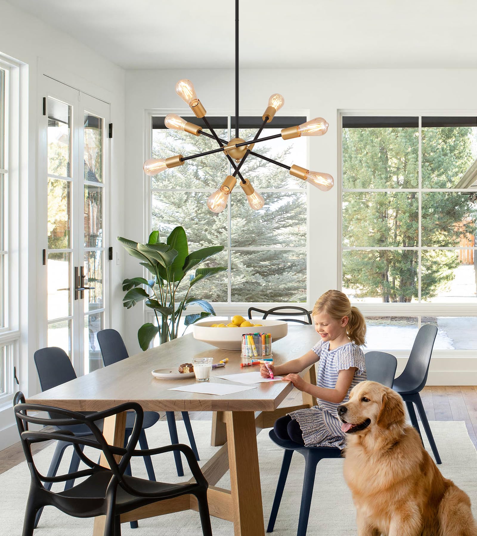 MEIXISUE Modern Sputnik Chandelier, 8 Lights, Rectangle, Black and Gold, UL Listed, Model MX-P2130-8GD for Dining Room, Kitchen, Living Room