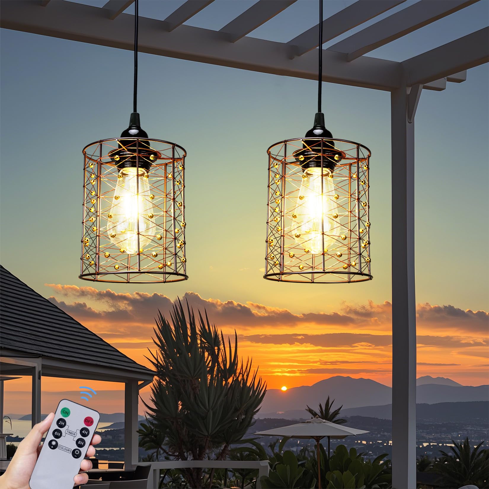 Battery Operated Hanging Outdoor Chandelier  Battery Power 5?6 Pendant Light  Gazebo Lights Outdoor  4 Aa Batteries  For Gazebo  Pergola  Porch  Patio  Indoor Outdoor Decor Lighting (2)