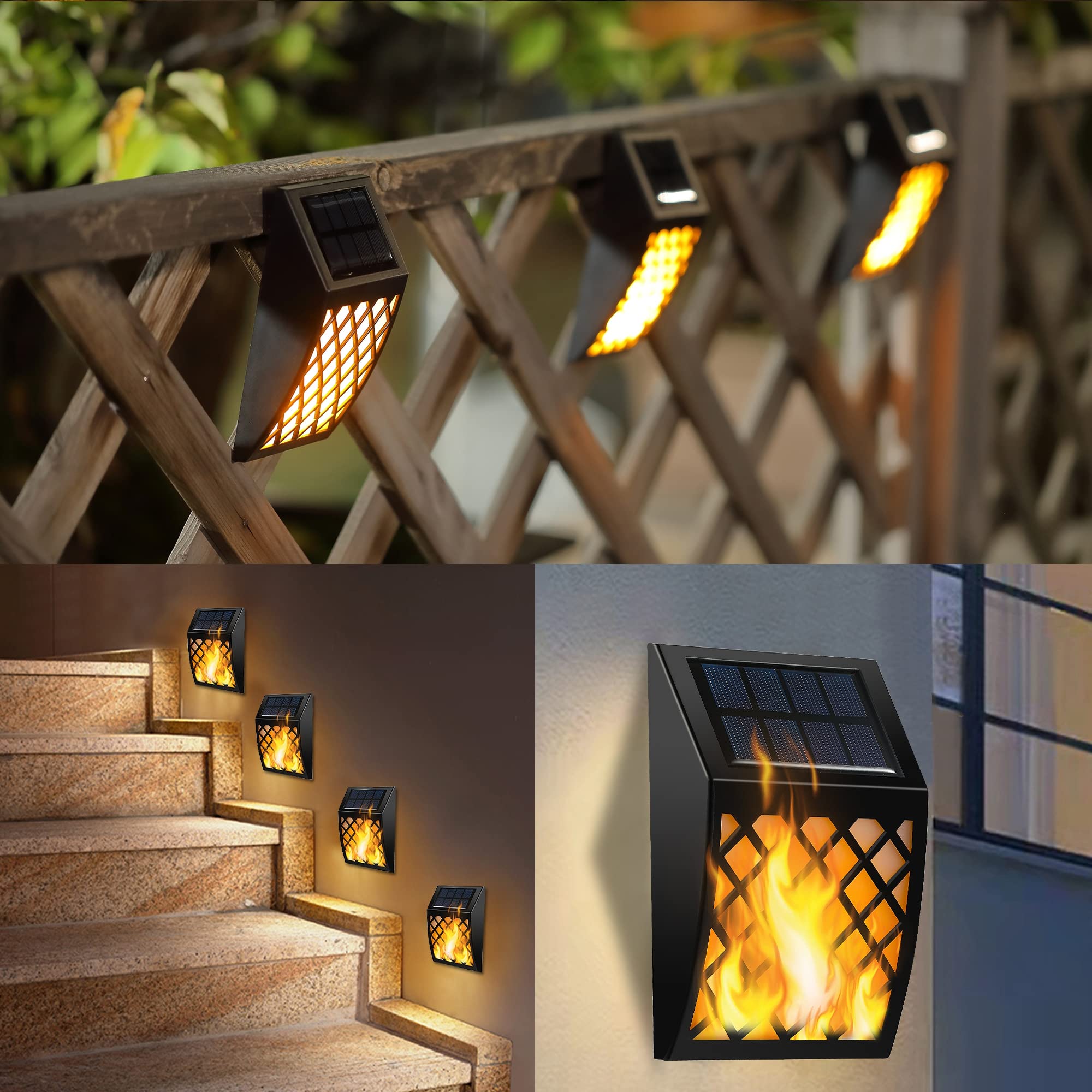 Dynaming Solar Flame Wall Lights Outdoor, 8 Pack Solar Powered Wall Lights, Flickering Flame Auto On/Off Wall Mounted Fence Deck Lights Lattice Decorative For Garage Garden Pathway Patio Porch Yard