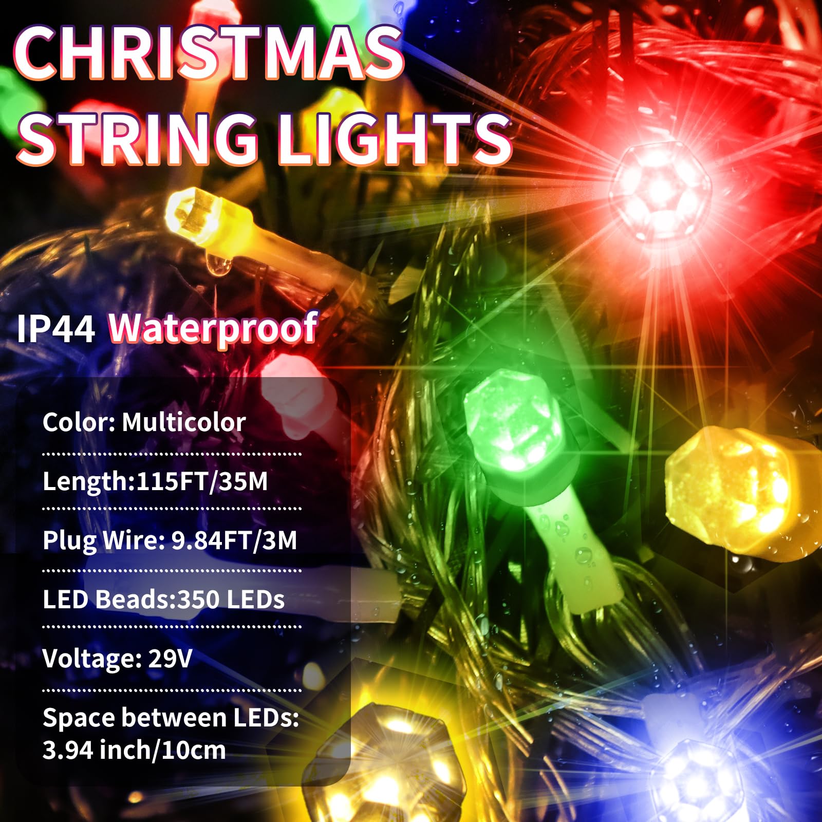 ROADAYLY LED Christmas Lights - 115FT 350LED Waterproof Twinkle String Lights with Timer, 8 Modes, Multicolor