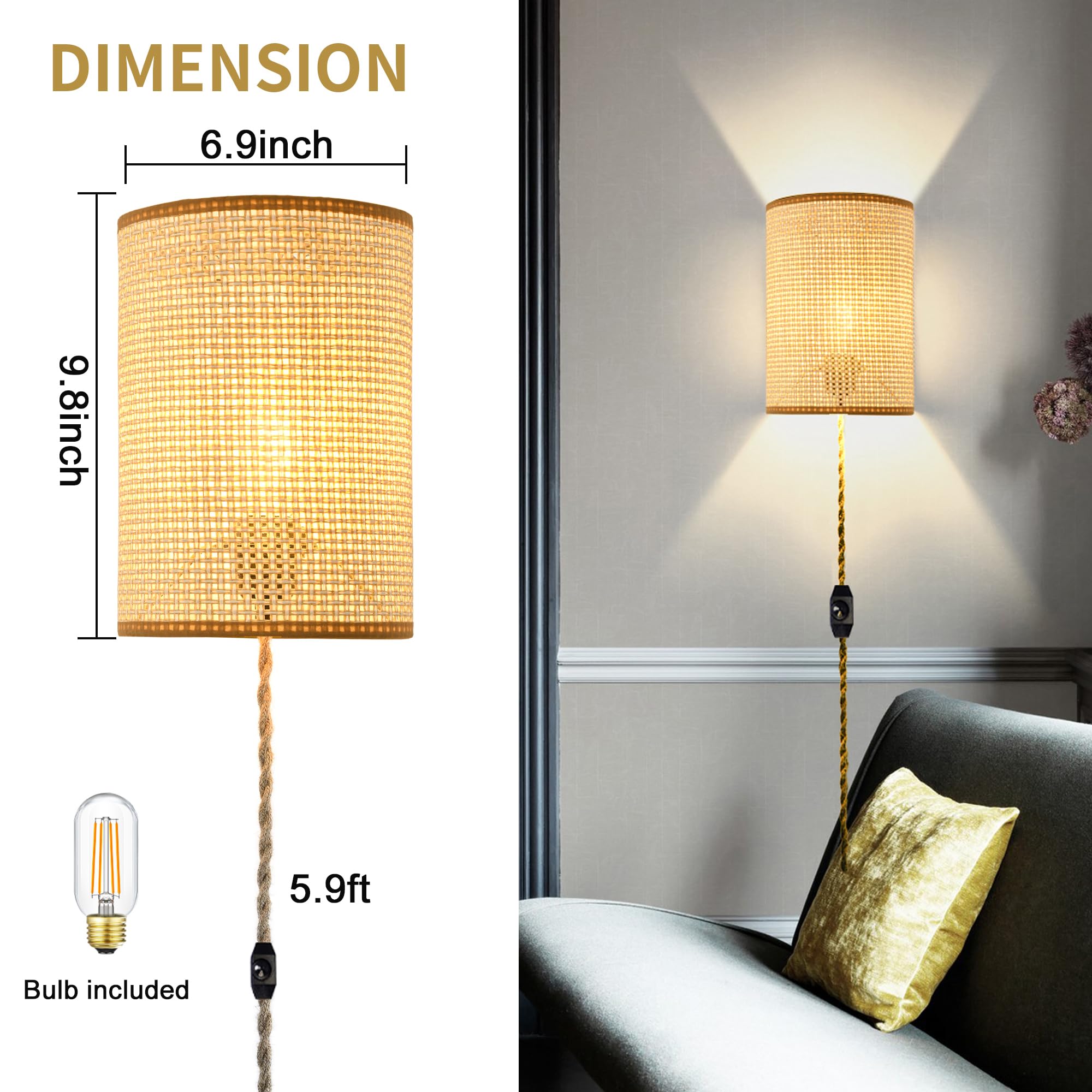 XININSUN Wall Sconces, Rattan Lampshade, Plug-in with Dimmable Switch, Beige, Set of Two, Rustic Boho Fixtures for Bedroom Living Room
