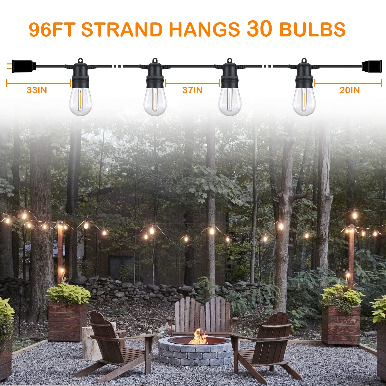 DGE Outdoor LED String Lights 96FT, Shatterproof & Waterproof, 18 AWG UL Listed, White, Model DGE-96-UL-STRINGLIGHTS