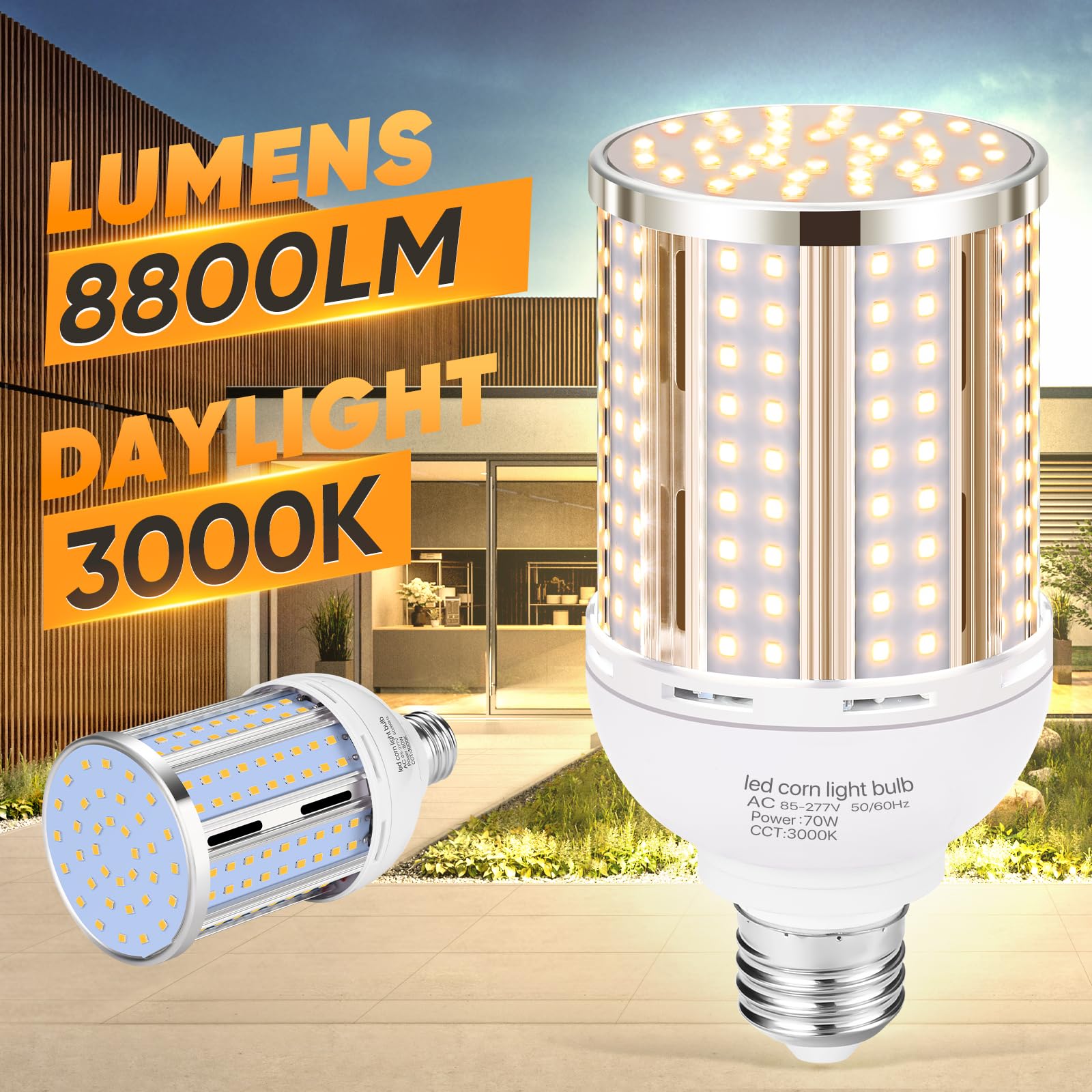 XYCN 70W LED Corn Light Bulb - 2 Pack, 700W Equivalent, E26/E39, 3000K Warm White, 8800LM, Aluminum for Indoor/