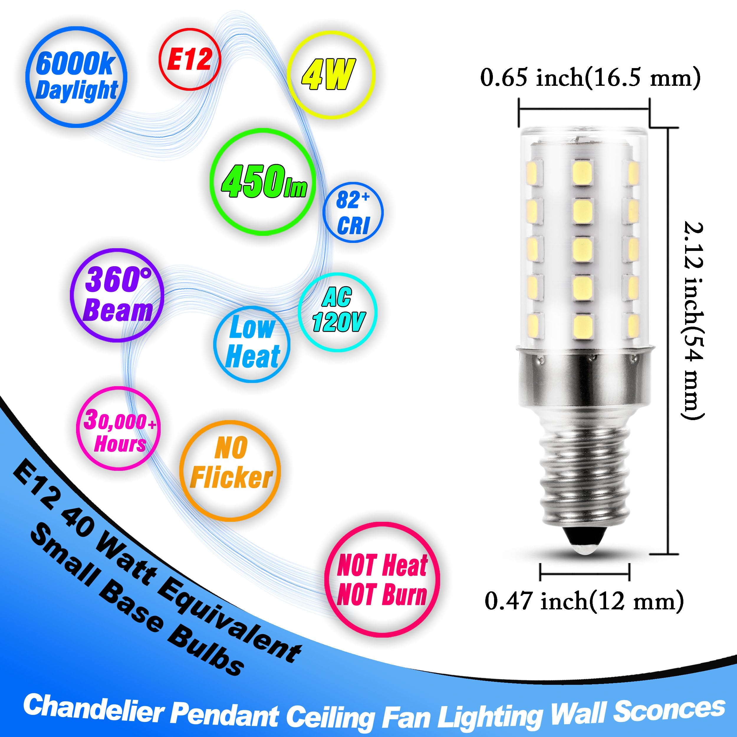 Heifymi E12 40 Watt Equivalent Led Bulbs 6000K Daylight White 450Lm 4W 120V Led Candelabra Bulb With T6 C7 E12 Small Base For Wall Sconces Pendant Chandelier Ceiling Fan Lighting  Non-Dimmable  4 Pack