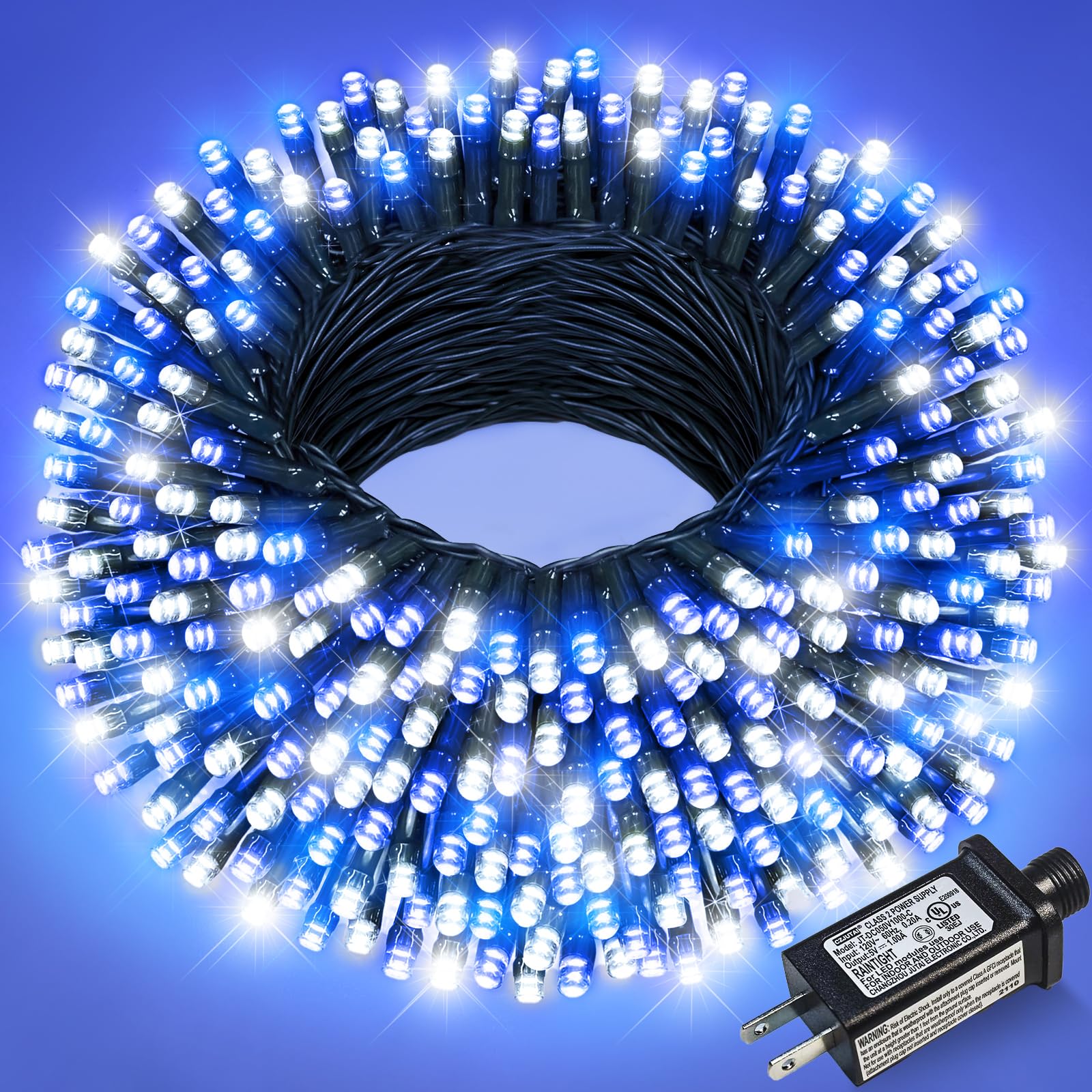 100FT Christmas Lights, Blue and White 300 LED Christmas String Lights with 8 Modes Waterproof, Connectable Green Wire Twinkle F