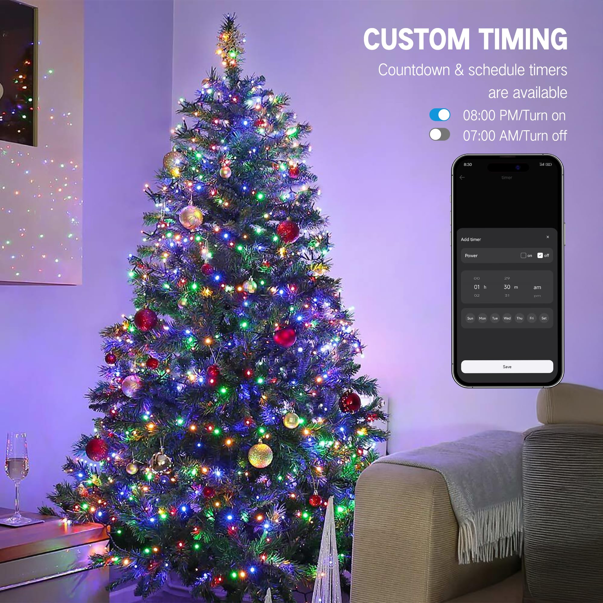 Brizled Smart Christmas Lights, 66Ft 200 Led Color Changing Christmas String Lights App & Voice Control, Dimmable Warm White & M