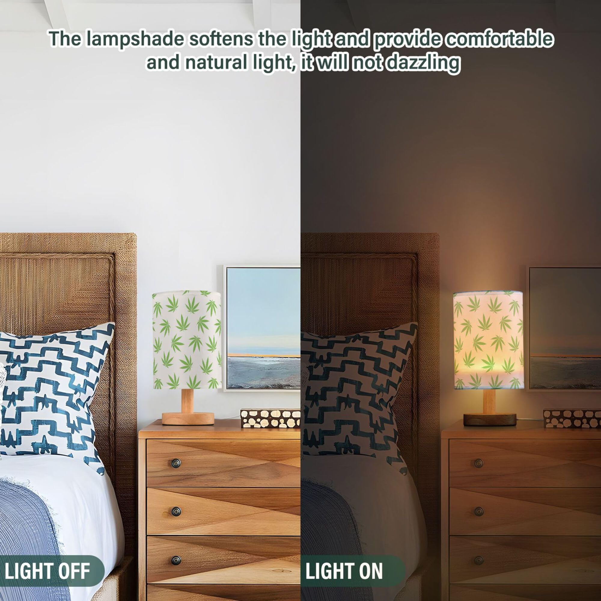 Yyzzh Table Lamp Green Marijuana Leaf Cannabis Weed Leaves On White Nightstand Lamp With Wood Base Fabric Lamp Shade Bedside Des