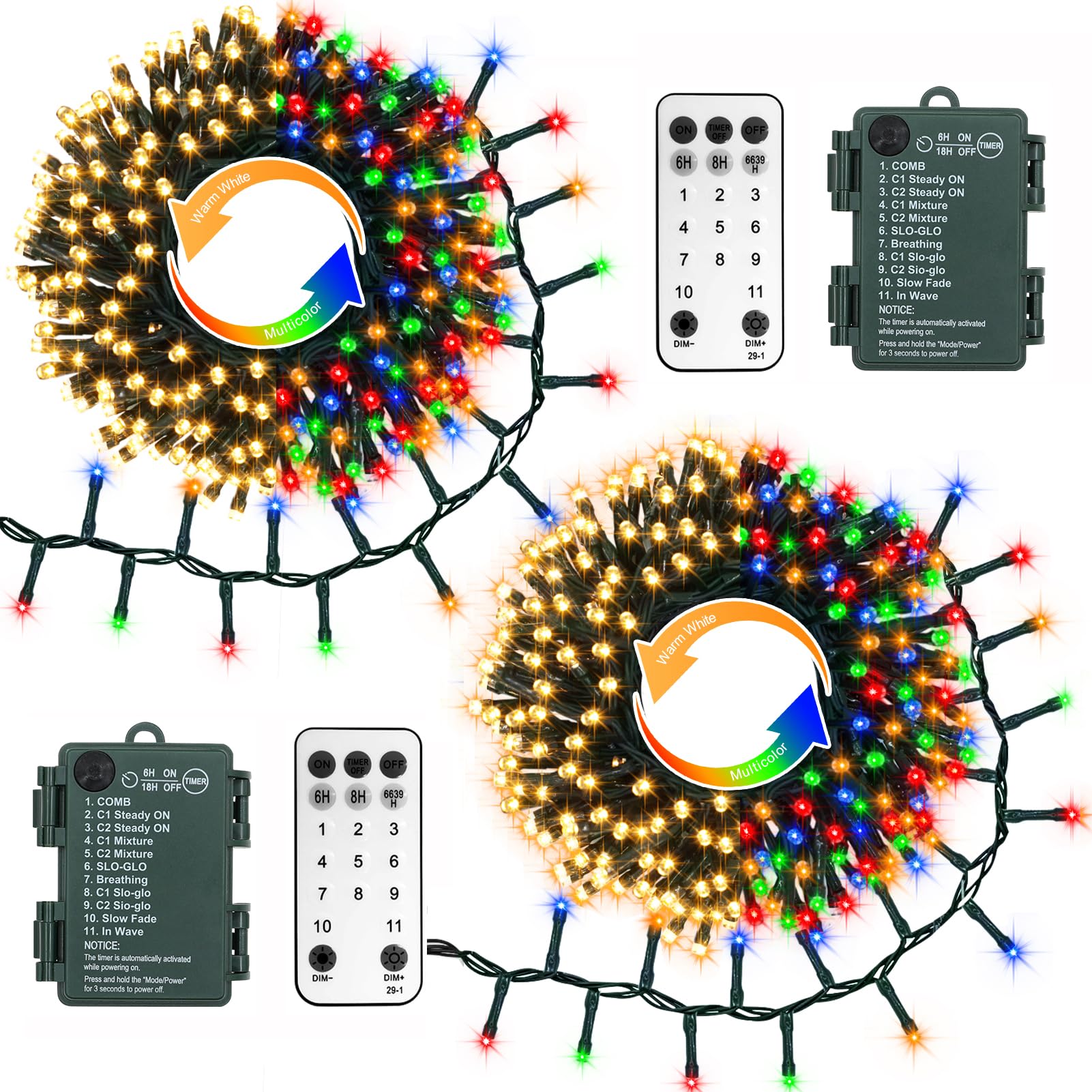 BSGlobal Dual Color Changing String Lights Battery, 2 Pack Total 20Ft 400 LED Cluster String Lights with Timer 11 Modes Firecrac