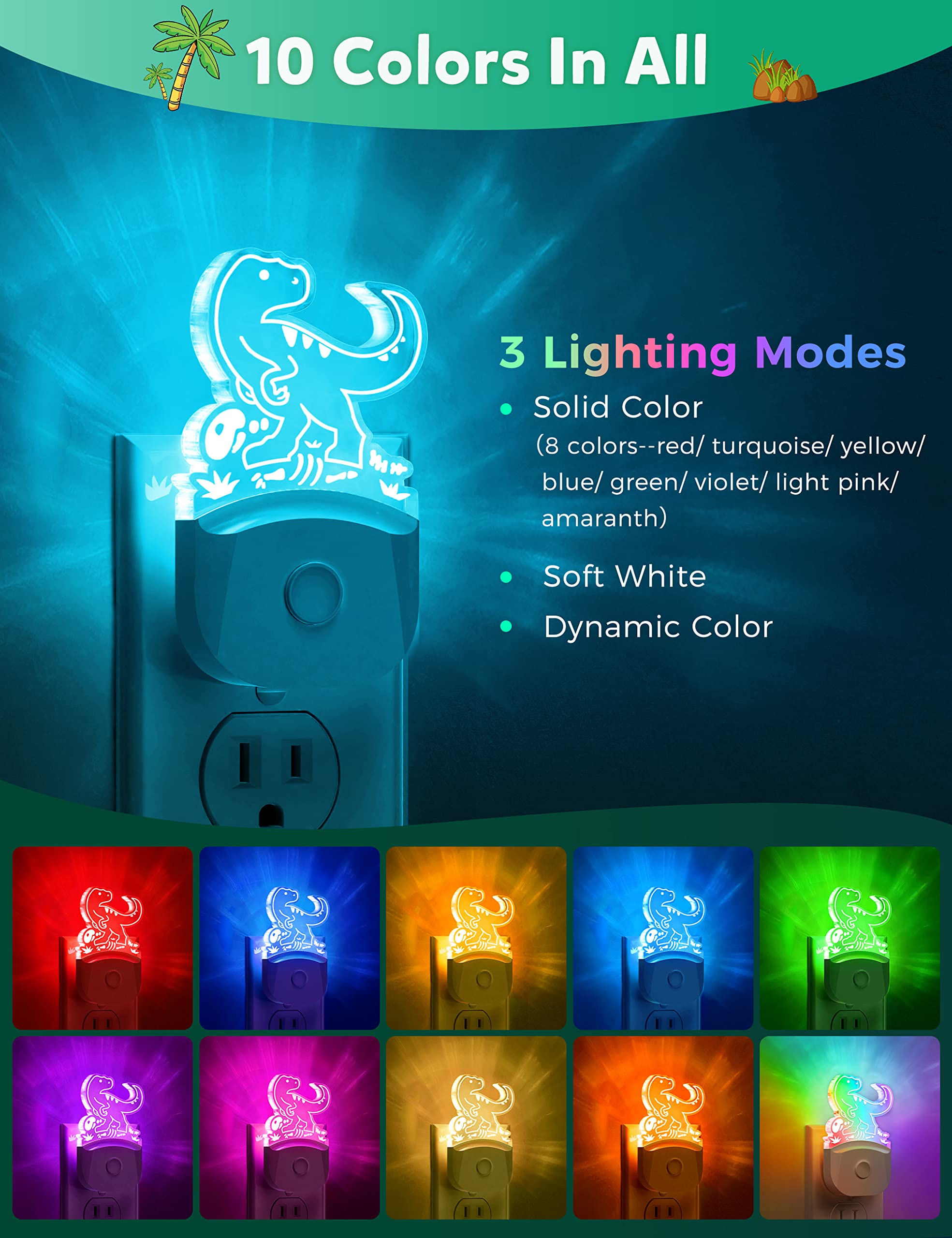 Dinosaur Night Light For Kids [2 Pack], 8 Color Changing Plug In Night Light For Kids, Baby Night Light With Dusk To Dawn Sensor