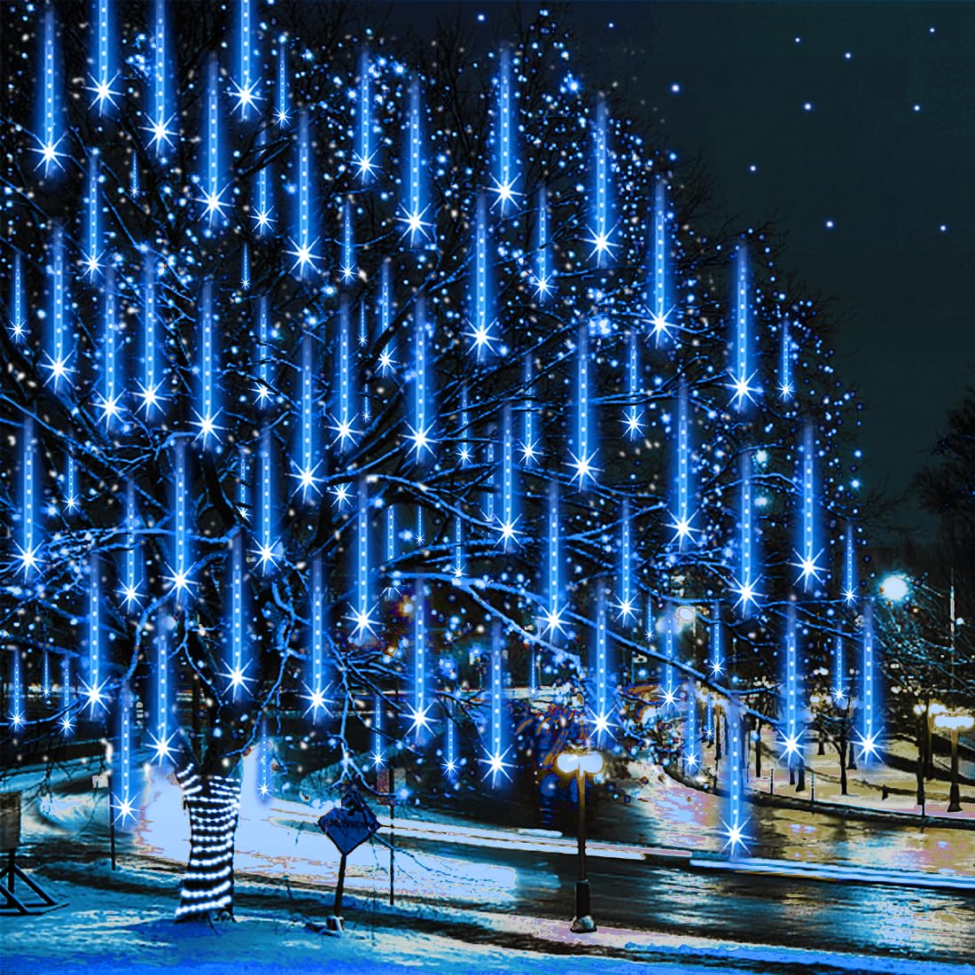 Adecorty Outdoor Christmas Meteor Shower Lights, 8 Tubes, 192 LED, Dripping Icicle String Lights, Blue, UL Certified, 26.9ft