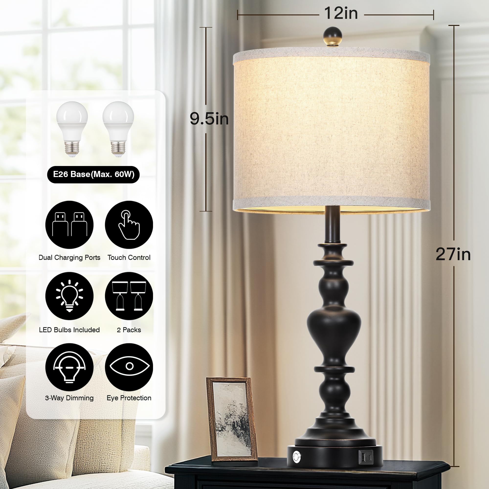 27'' Farmhouse Vintage Lamps Set Of 2 With Usb C+A Ports & Ac Outlets, Black Rustic Touch Control Table Lamp For Living Room, 3-