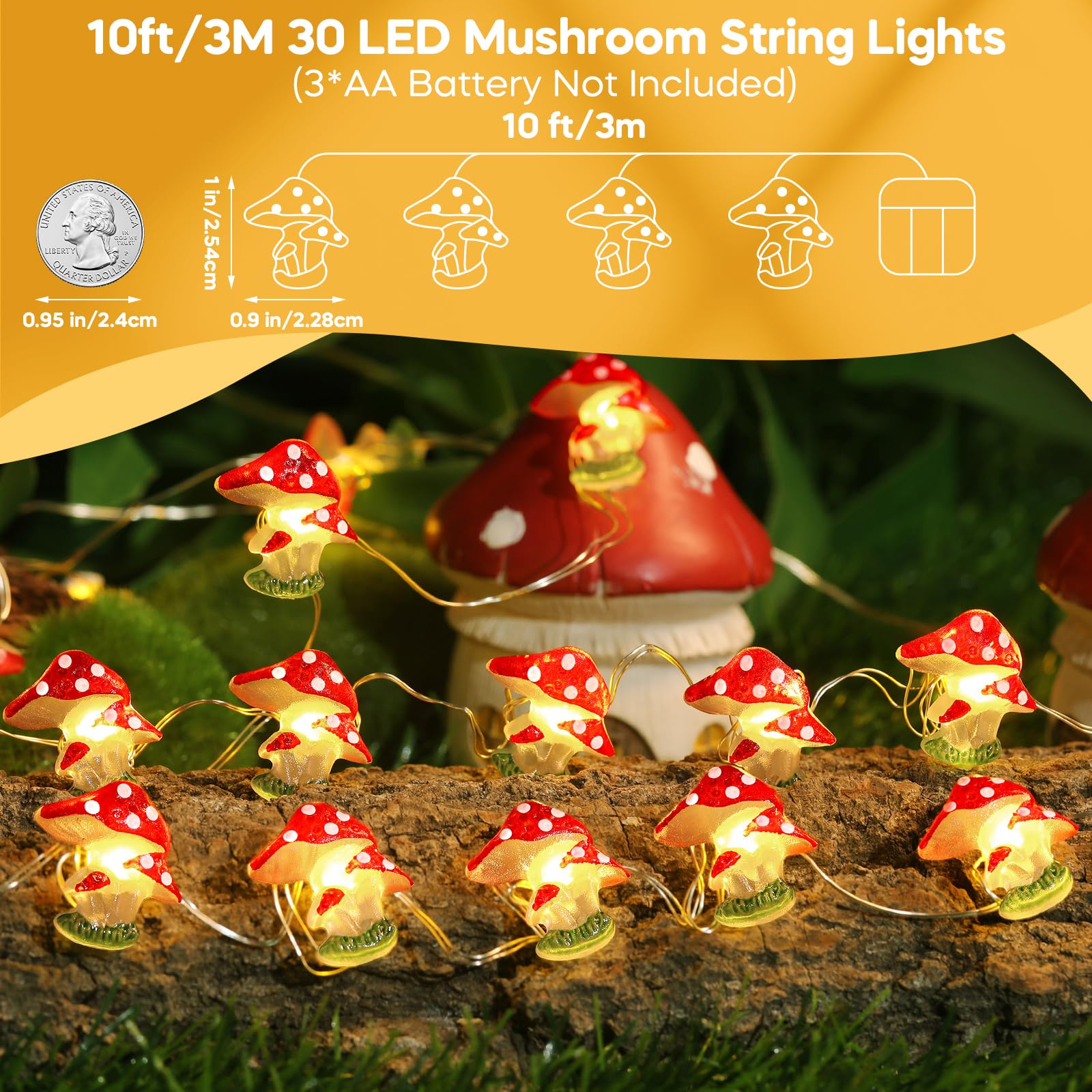 Coquimbo Mushroom String Lights 10Ft 30Led - Cute Cottagecore Decor For Kids & Parties