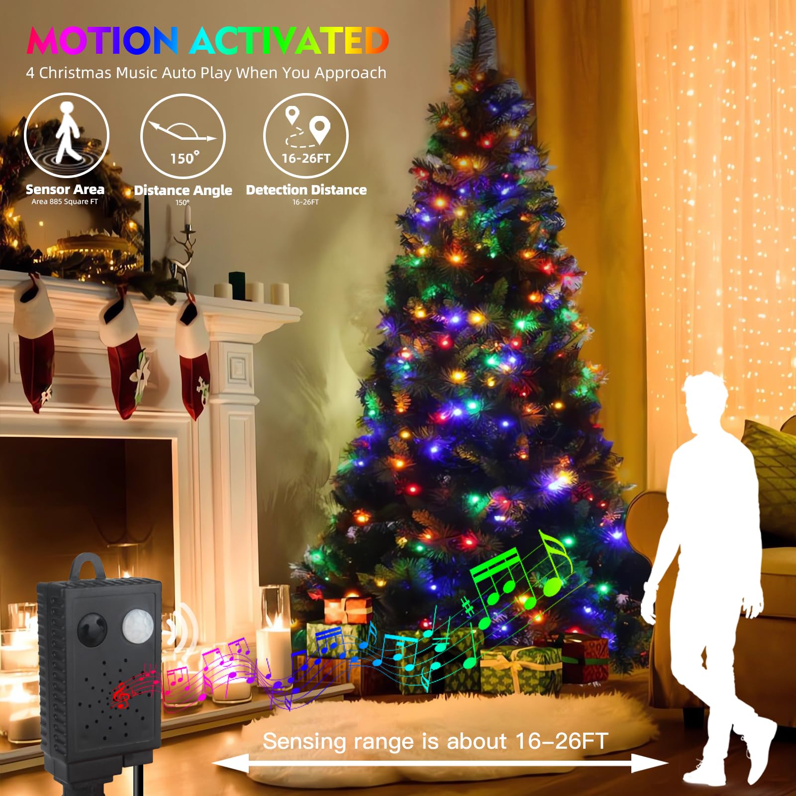 Mzd8391 Motion Sensor Music Christmas Lights Outdoor Indoor, 108Ft 300Led Christmas Tree Lights, Multicolor Christmas String Lights For Tree Party Holiday