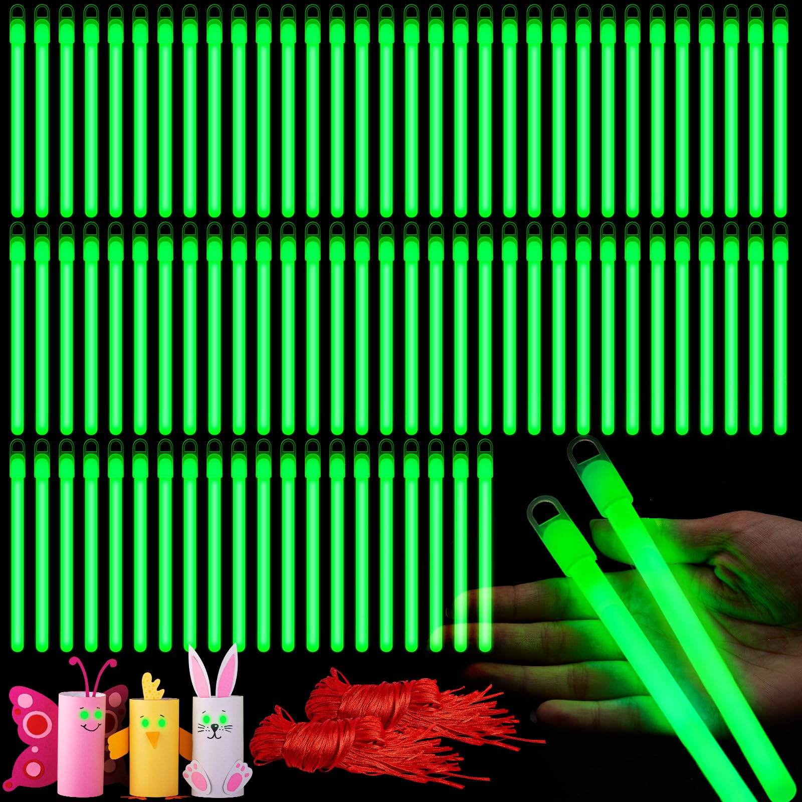 Lewtemi Glow Sticks Bulk, 100 Pack, Green, 6 Inch, Fluorescent Rods, Perfect for Parties and Holidays, Model OB-Lewtemi-3011
