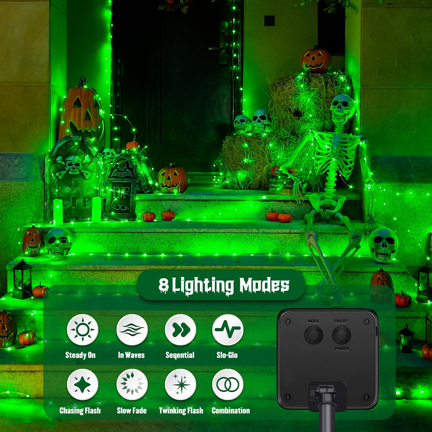 Jmexsuss 2 Pack Green Solar Halloween Lights Each 66Ft 200 Led Green Solar Lights Outdoor, 8 Modes Copper Wire Solar Fairy Light
