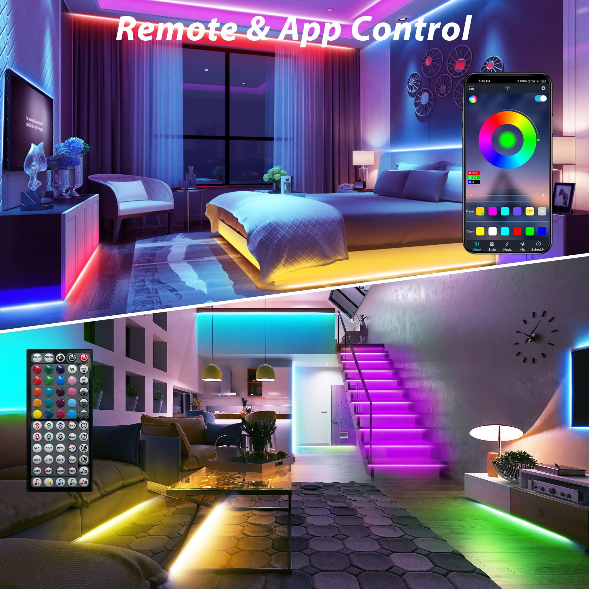 Ledagic RGB LED Strip Lights, 199ft (2 Rolls of 99.5ft), Music Sync, Remote Control, Color Changing, Plastic, White, Model Led-rgb006-4