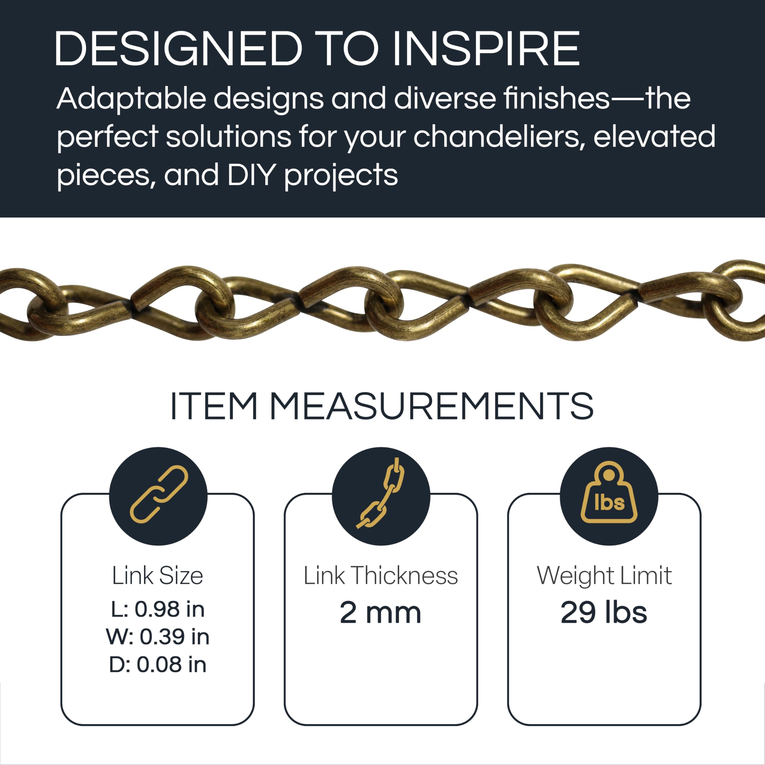 RCH Hardware Decorative Solid Steel Single Jack Fixture Chain, 10 Gauge, 3 Foot, Polished Brass Finish, Model CH-S50-12-PB-3