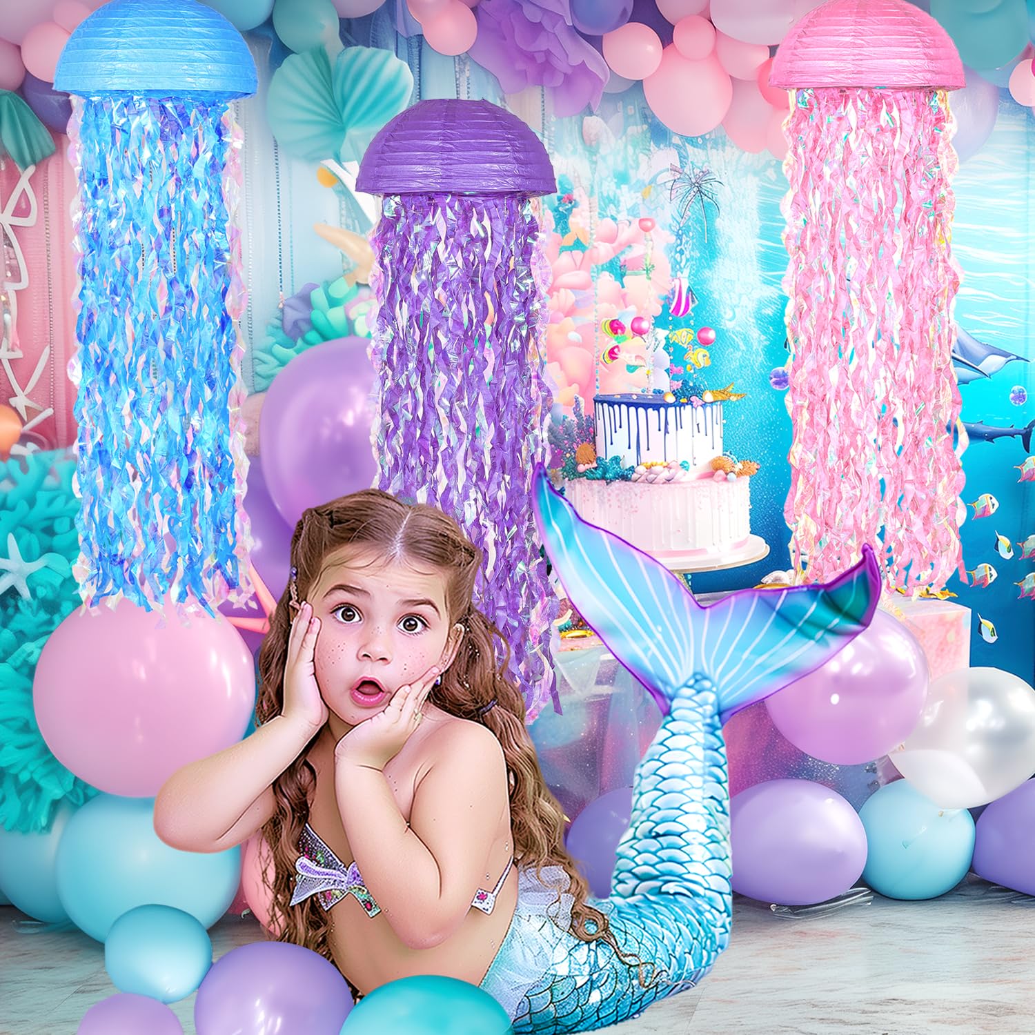 OBXT 10in Mermaid Jellyfish Lanterns Set of 6 - Multi-colored Paper Decorations for Ocean Themed Parties, Baby Showers, and Room Decor