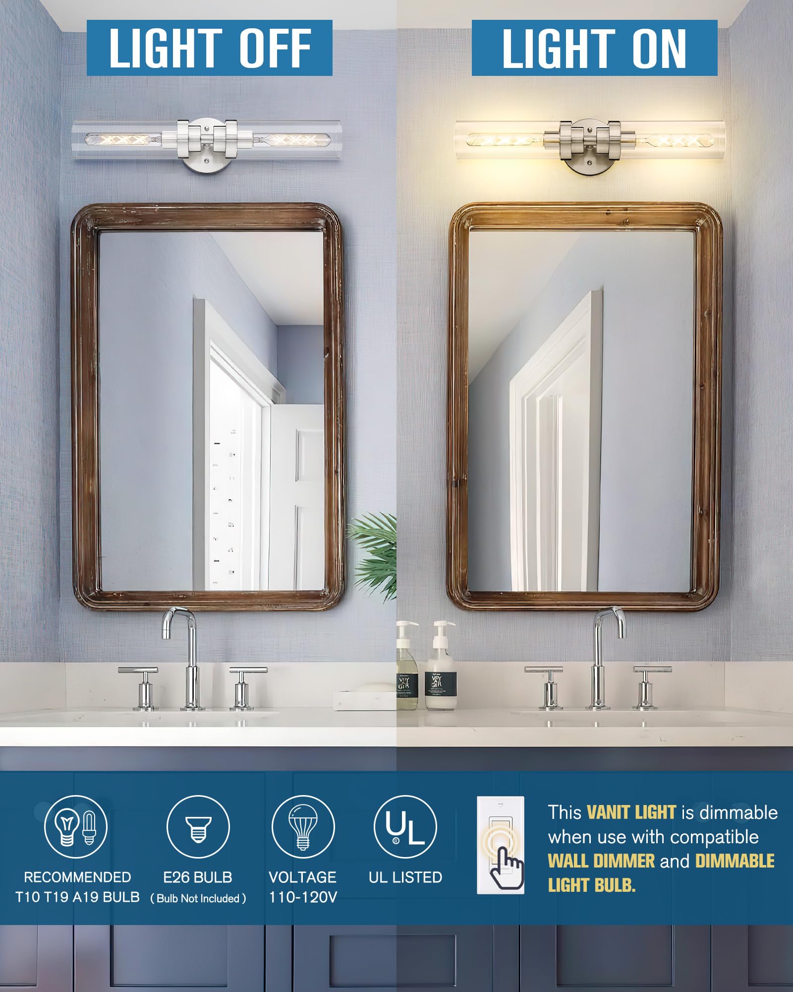 Emak 22 Inch Brushed Nickel Bathroom Vanity Light, 2-Light Cylinder Sconce with Clear Glass Shade, Model VL085-BN-2