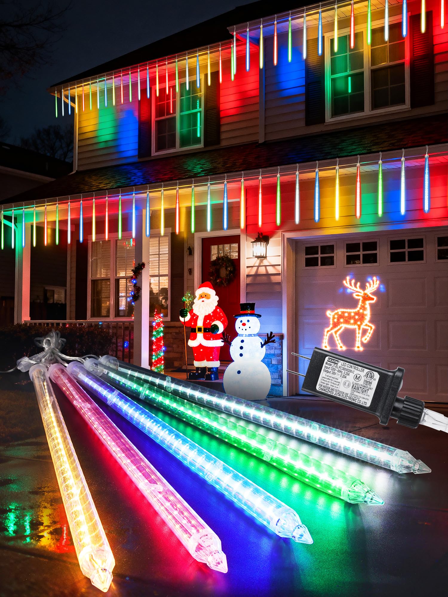 Flacchi Meteor Shower Icicle Lights - 20in 5 Tubes, 270 LED, Multi-Colored, Waterproof Christmas Decorations, Model GP-SW050DC1200T-IP44