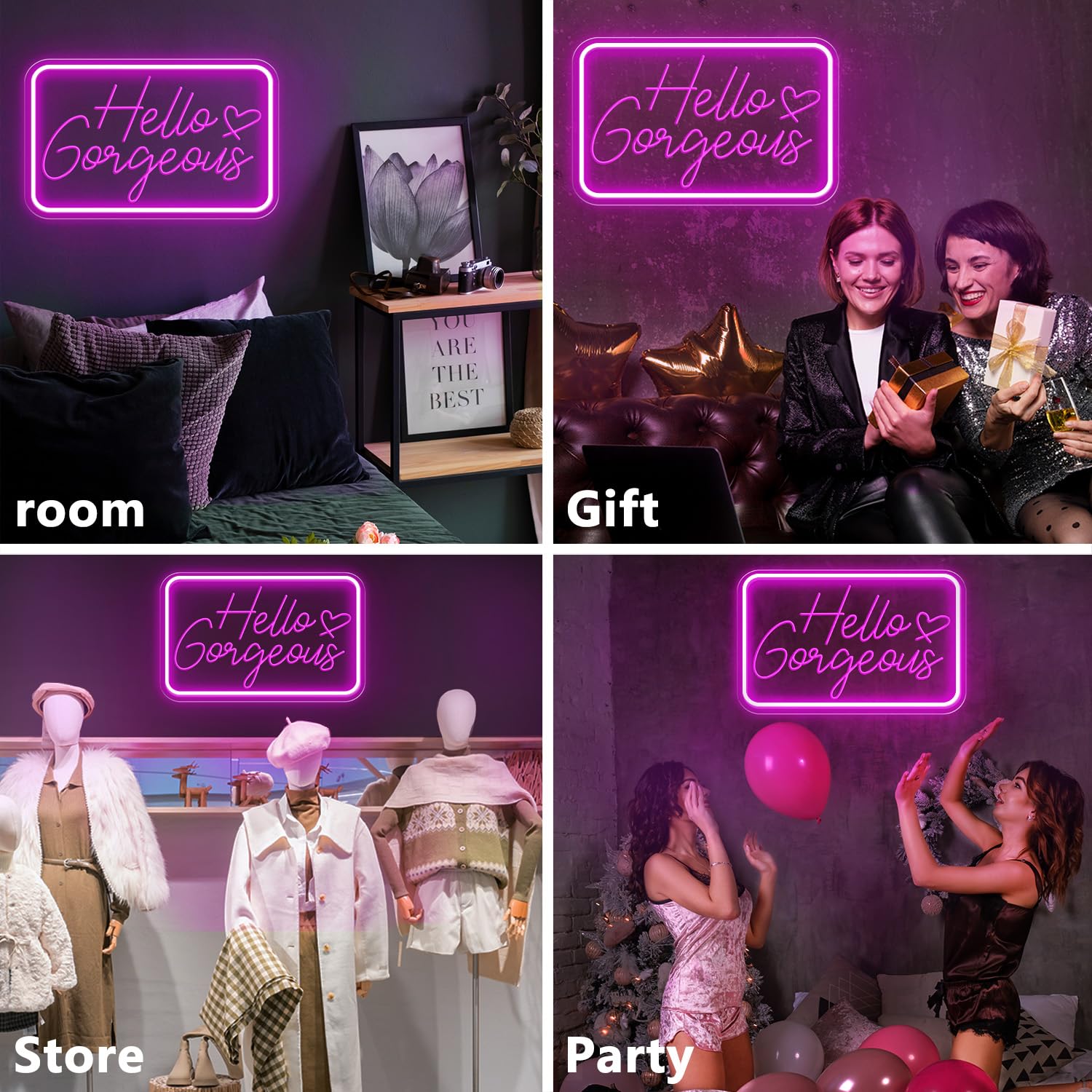 PSPCBS Neon Sign - Hello Gorgeous LED Wall Decor, 16x10 inches, Pink Acrylic, USB Powered, Adjustable Brightness