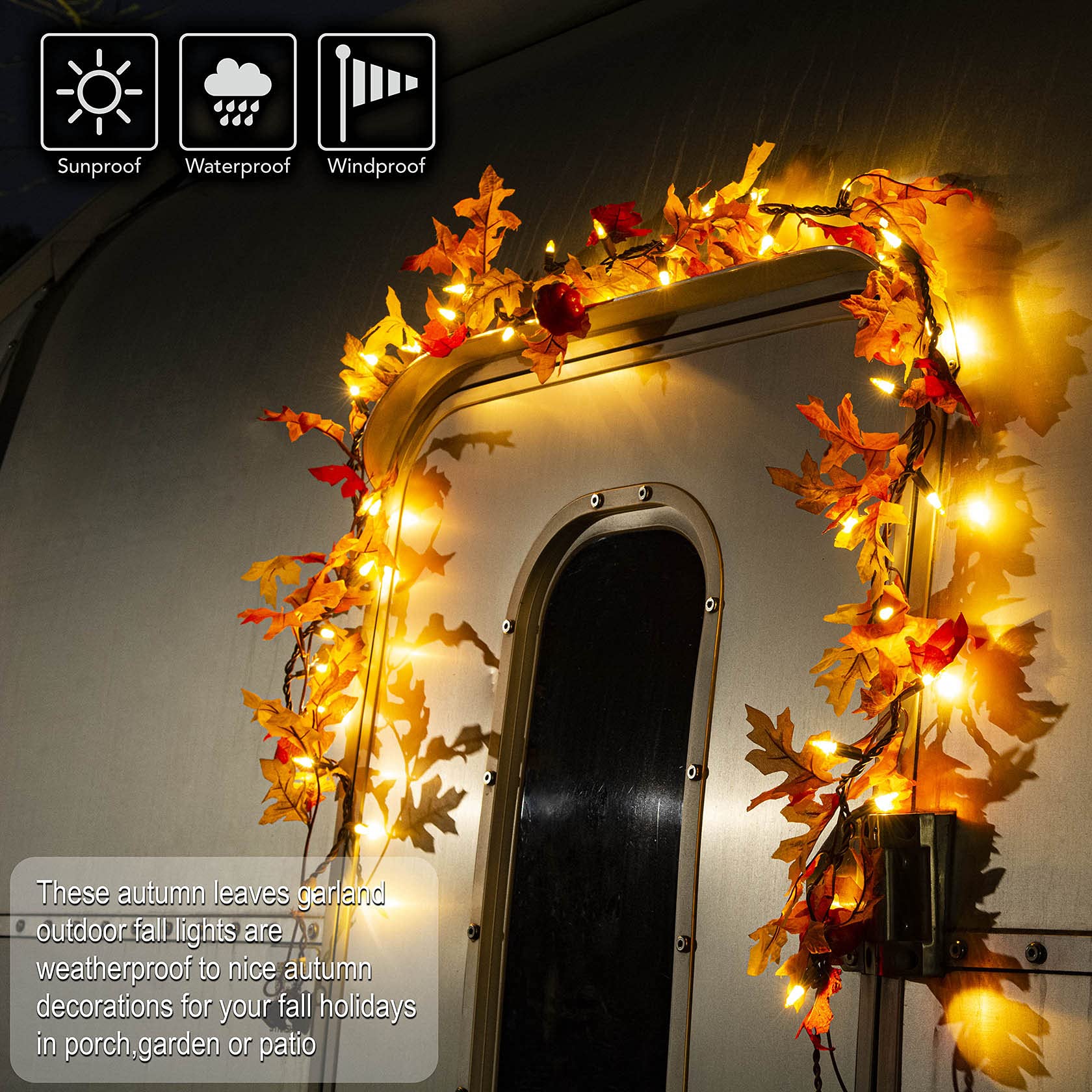 TIGOMOOV Fall Maple Leaf String Lights, 5.83FT Nylon, 120V, 35 Bulbs, Outdoor Thanksgiving Decor, Orinal-Pear Yellow