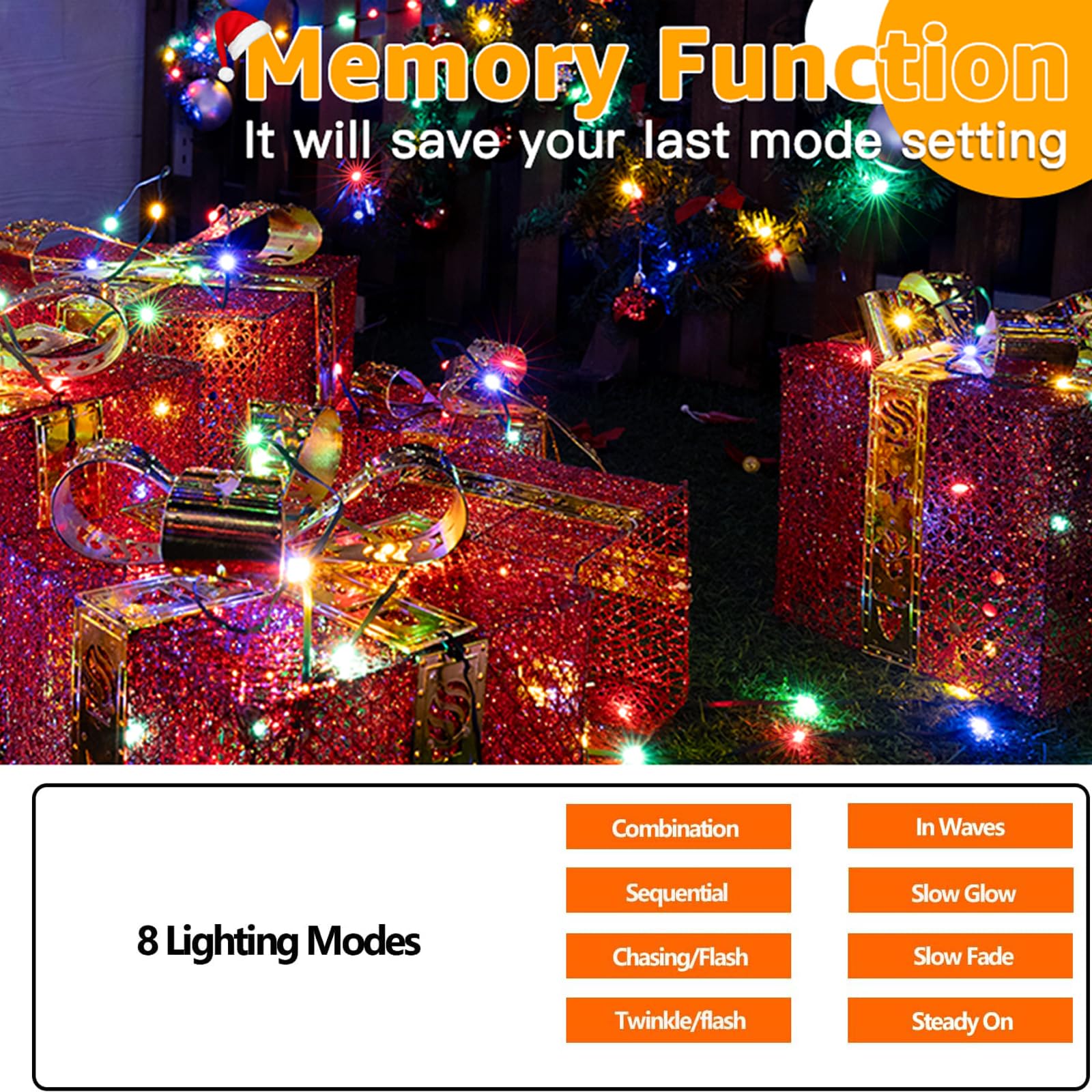 FULLBELL Christmas String Lights - 100 LED Multi-Color, 33ft Black Wire, 8 Modes, Memory Function