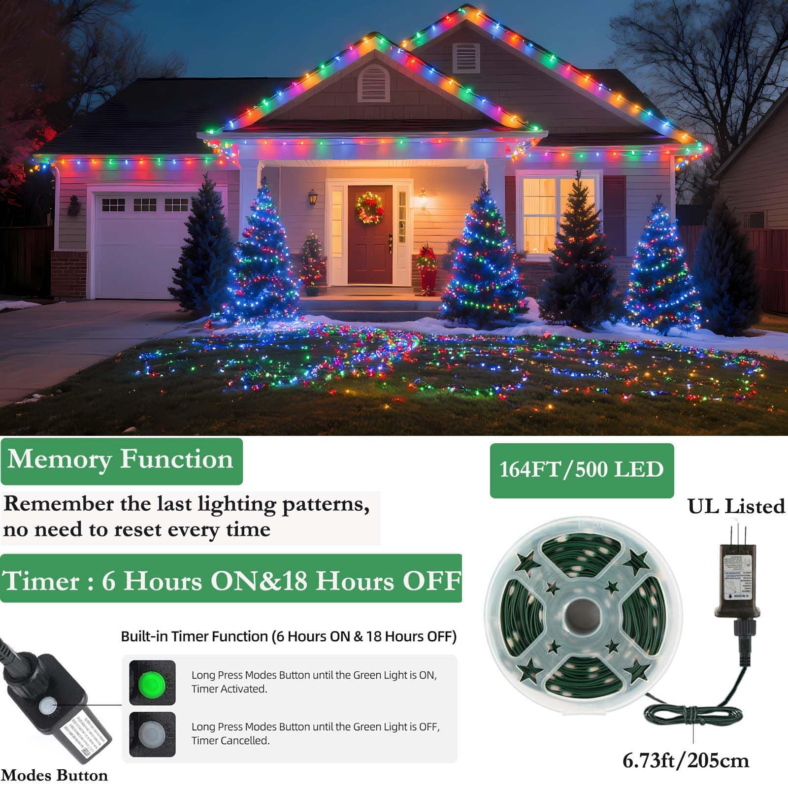 Tcamp 164Ft 500 Led Christmas Lights Outdoor, 8 Modes Christmas Tree Lights With Timer Memory Function, Green Wire Fairy String