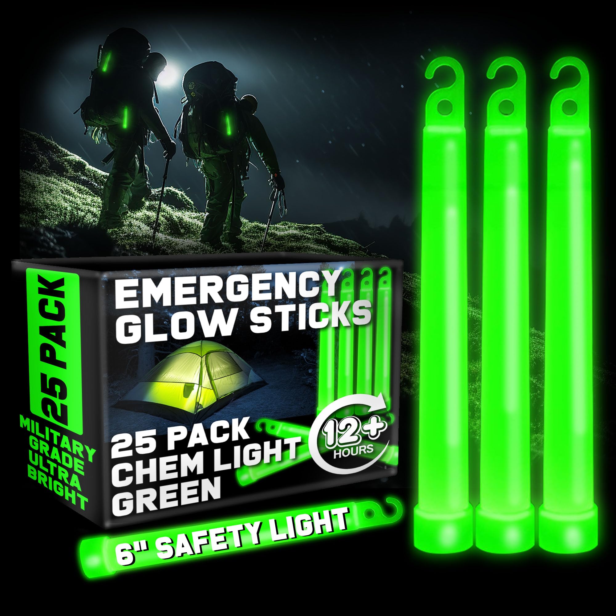 PartySticks Green Glow Sticks - 6in Tactical Light Sticks, 25 Pack, Military Grade, 12 Hour Duration, Emergency Chem Lights