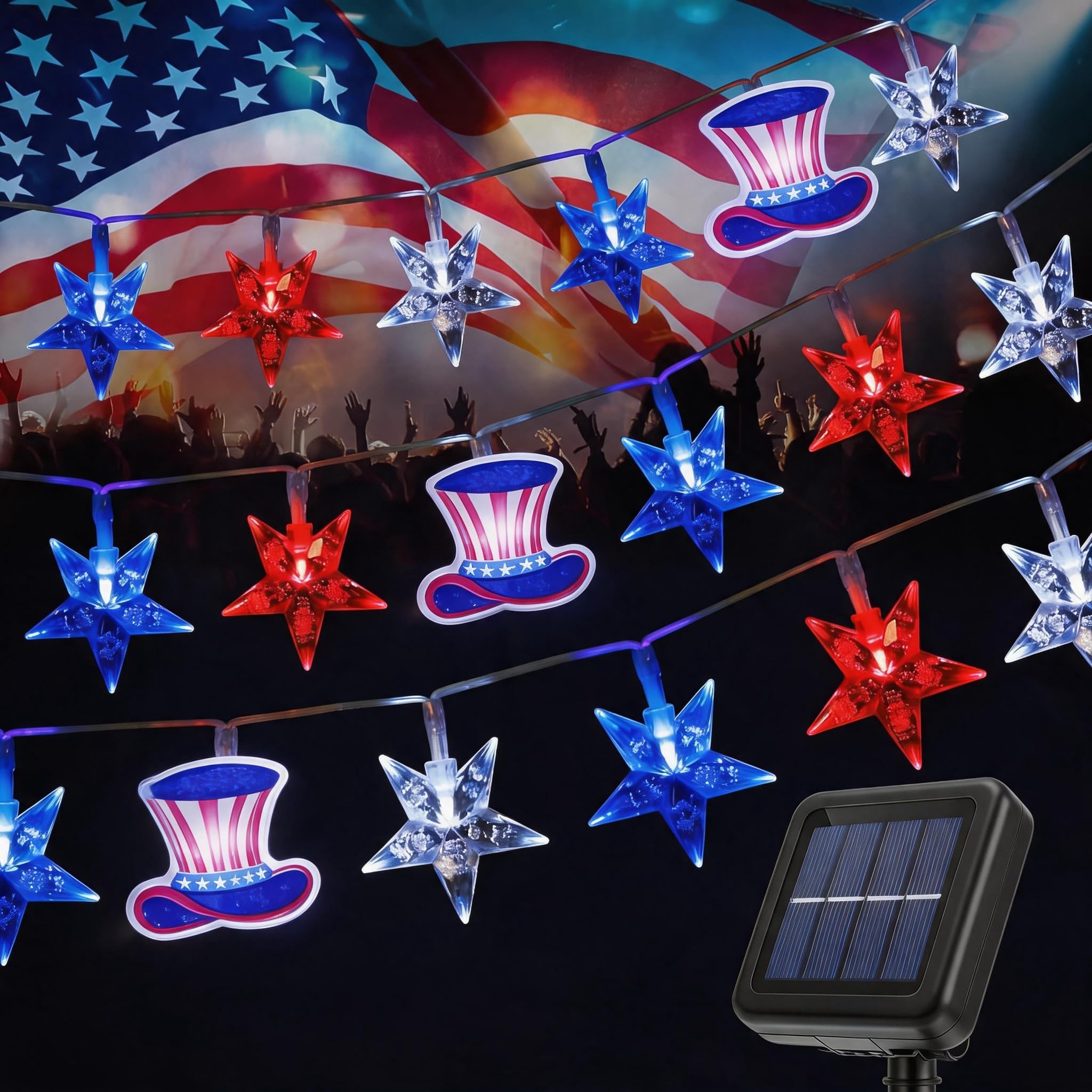 UMEUC 4th of July Patriotic Hat String Lights, 80 LED 39FT Red White Blue Star-Patterned Copper Wire, 8 Modes Waterproof Outdoor