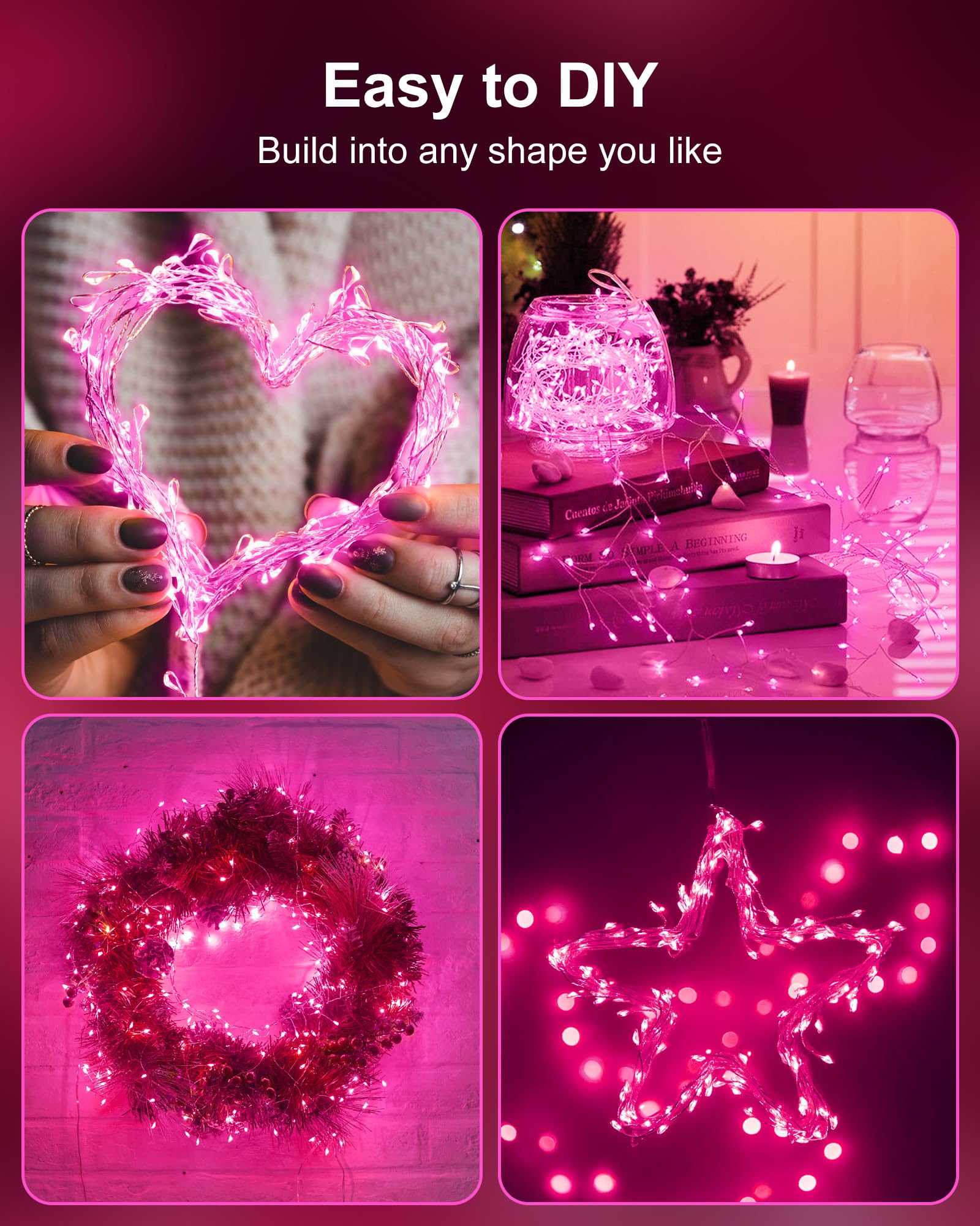 2 Pack Fairy Lights Battery Operated, Twinkle String Lights Waterproof Silver Wire 5 Feet 60 Led Firecracker Starry Lights For Diy Wreath Home Wedding Party Bedroom Mason Jar Holiday Christmas, Pink