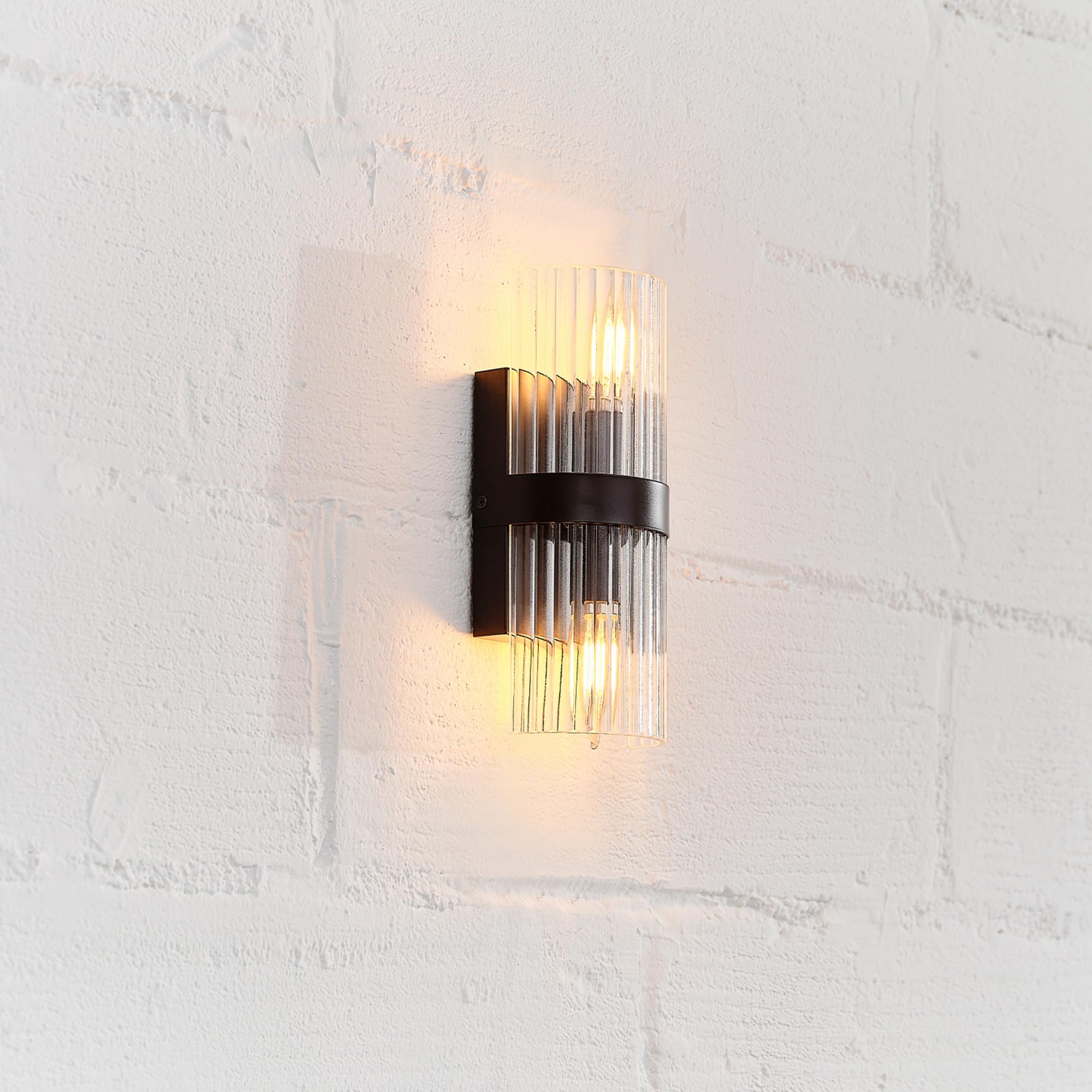 Globe Electric 65000050 2-Light Wall Sconce, Matte Black, Ribbed Glass Shade, E12 Base Sockets, Lights For Living Room, Home Dec