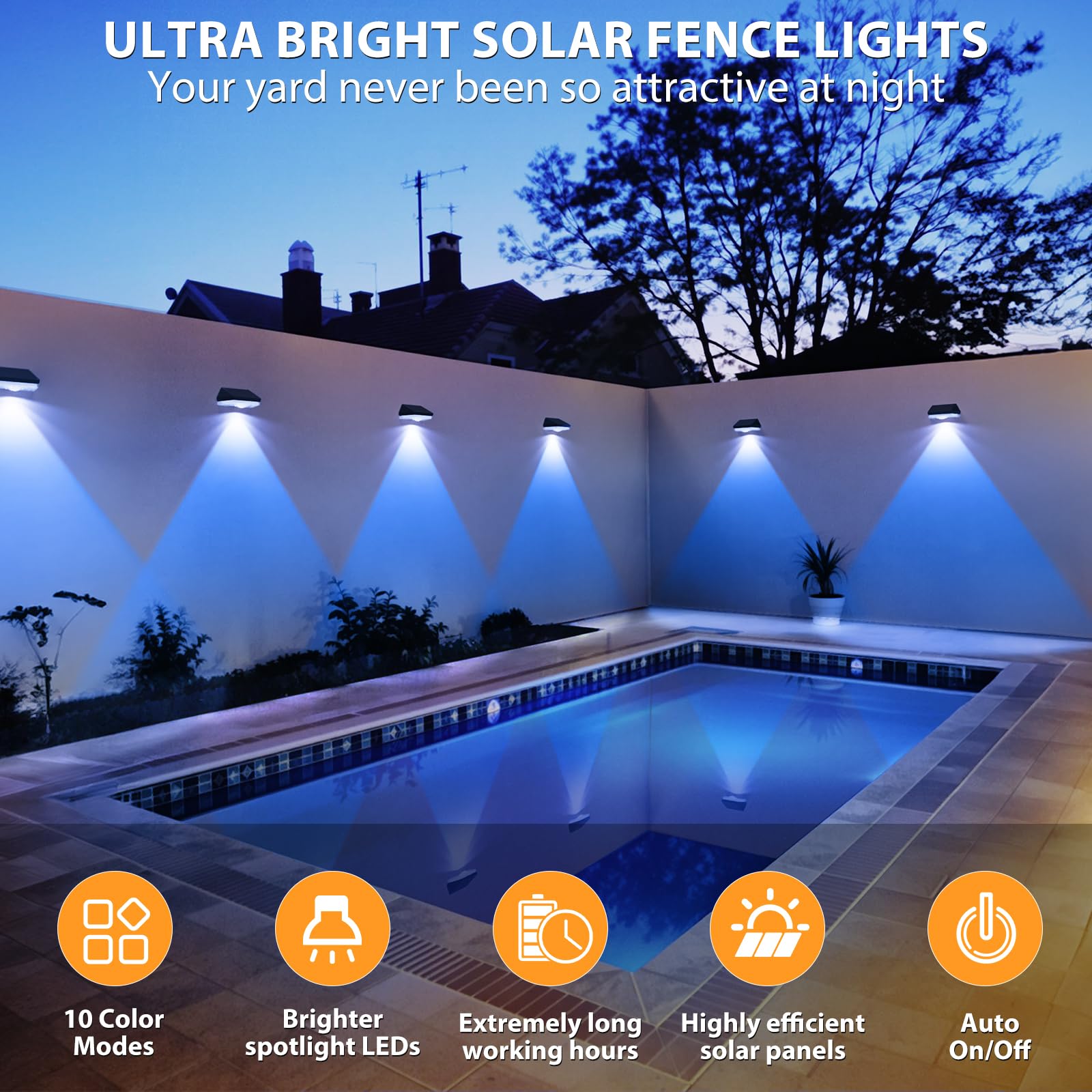 UGDLUCK Solar Fence Lights, IP65 Waterproof, 8 Pack, Warm White & RGB, Black, Model CD007
