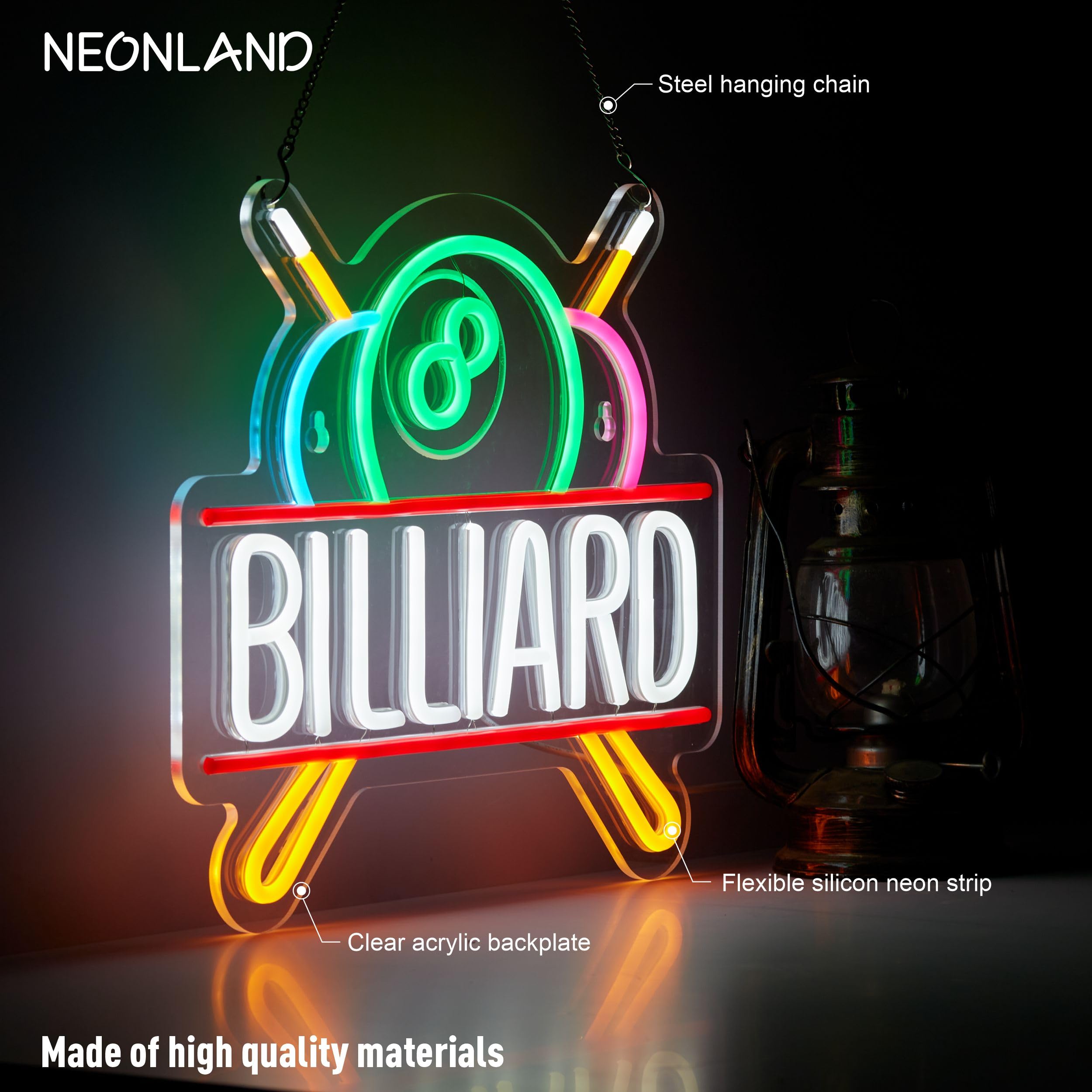 NEONLAND Billiards Neon Sign LED Light for Pool Room Wall Decor 14.2inx12.6in White + Red USB Powered Dimmable Model NL-BILLIARD