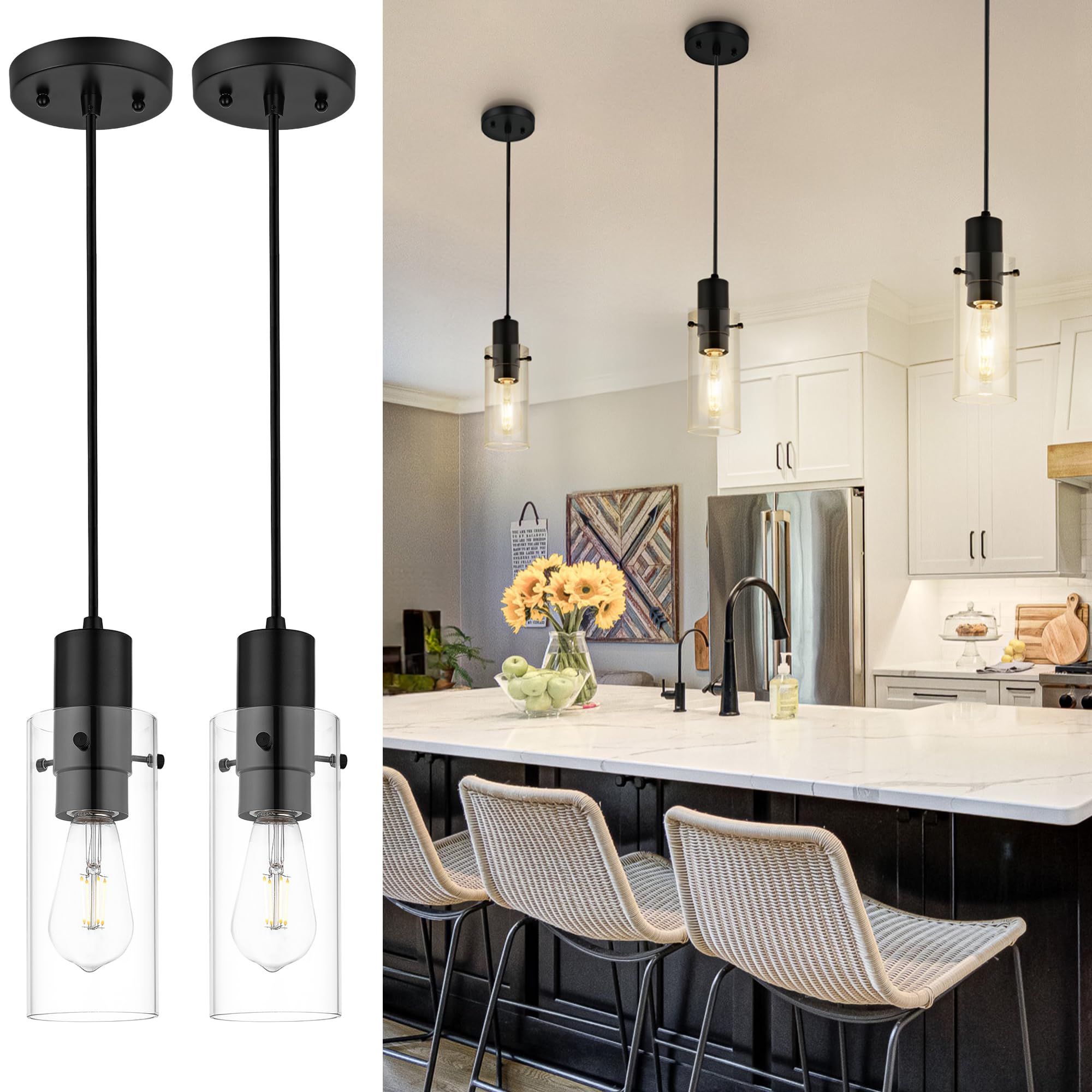 Emak 2 Pack Black Pendant Light Fixtures, Mini Pendant Lighting with Clear Glass Shade, Modern Farmhouse Hanging Lights for Kitc