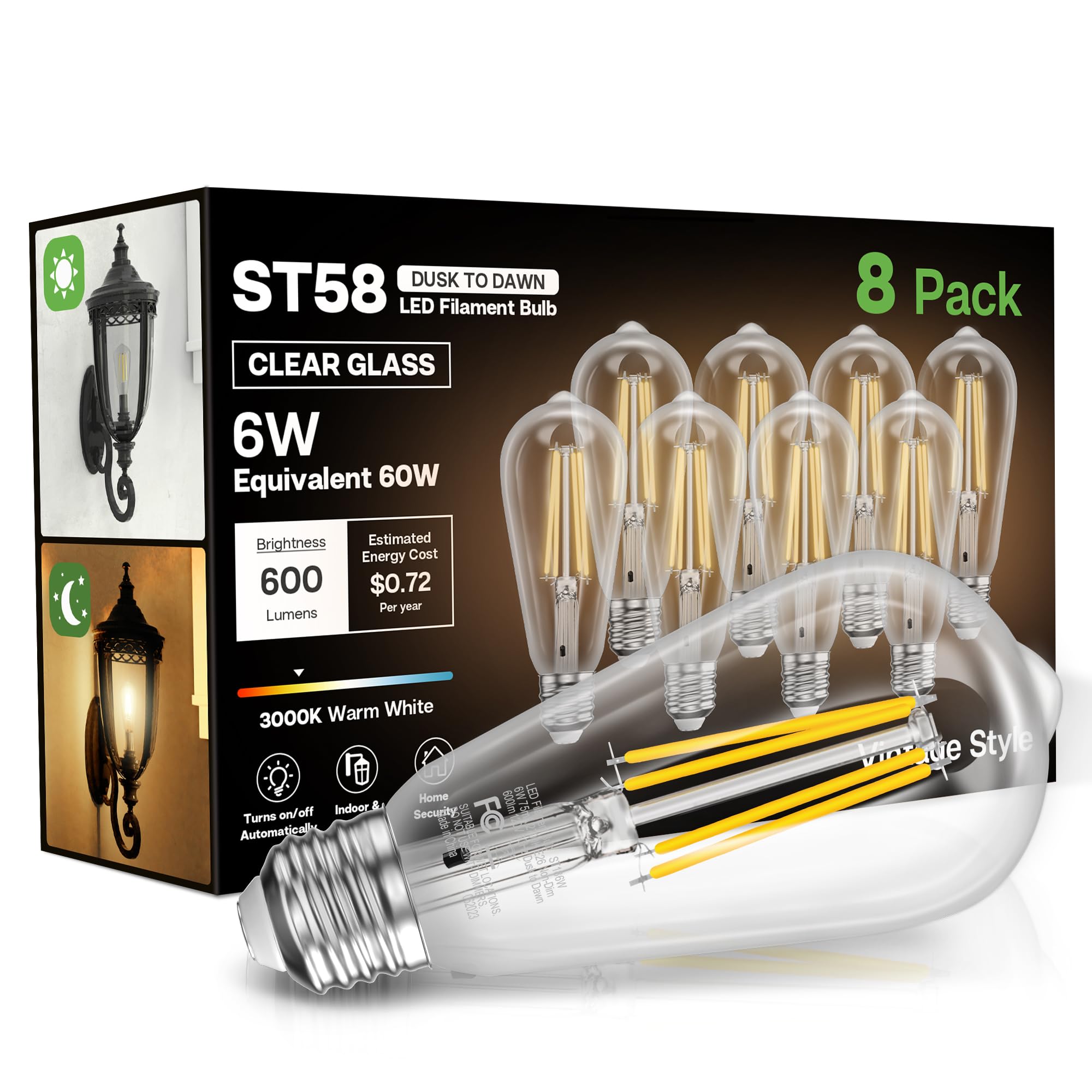 Eastiya Dusk to Dawn Light Bulbs  6W Equivalent 60W  Soft White 3000K  E26 Base  Light Sensing  ST58 Vintage Style  600LM  Outdoor Edison Bulbs  Automatic Light Bulbs for Porch Patio Garage  8 Pack